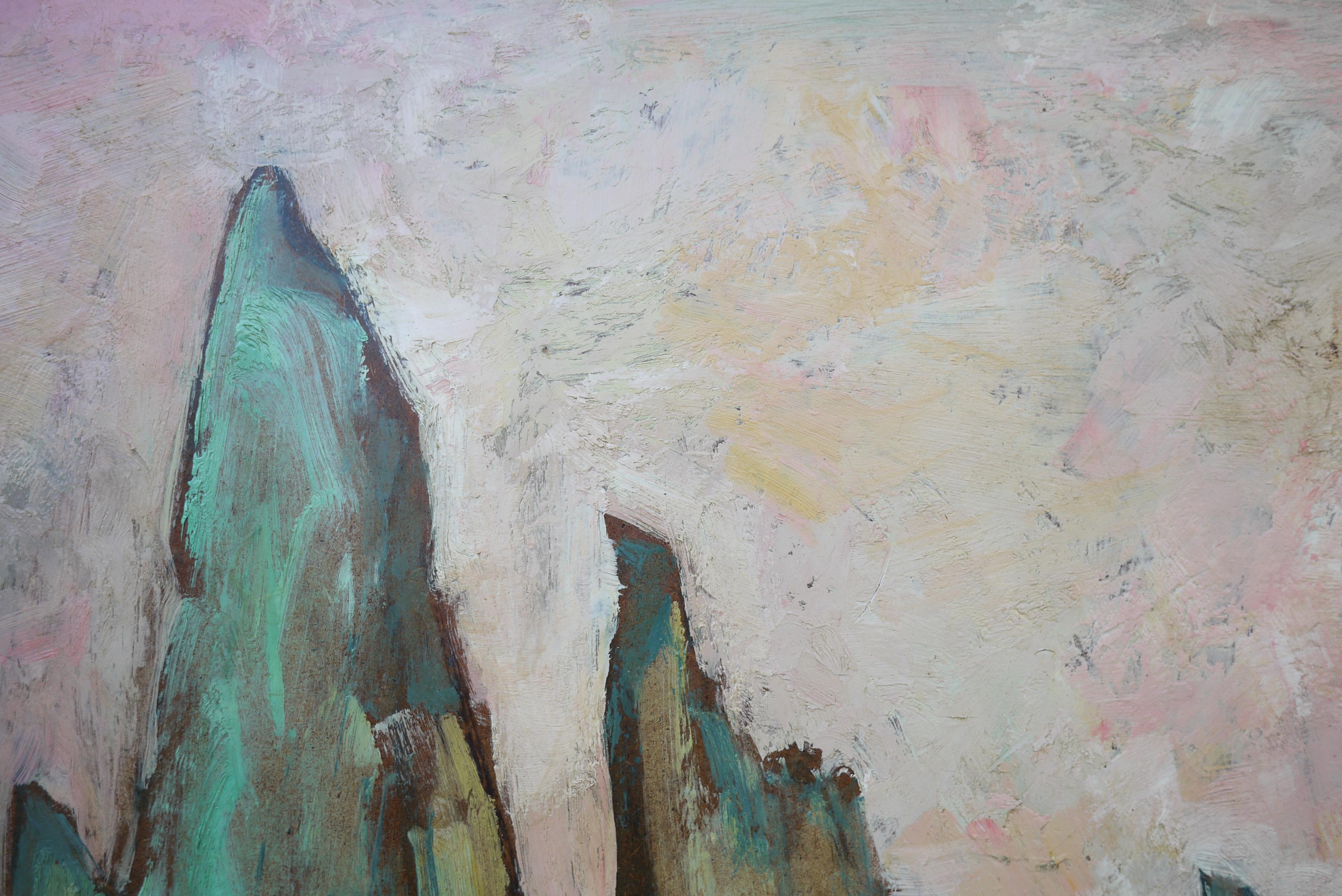 Les tours du Vajolet, peinture à l'huile sur panneau des montagnes de Walter Wellenstein, 1965 Excellent état - En vente à Albignasego, IT