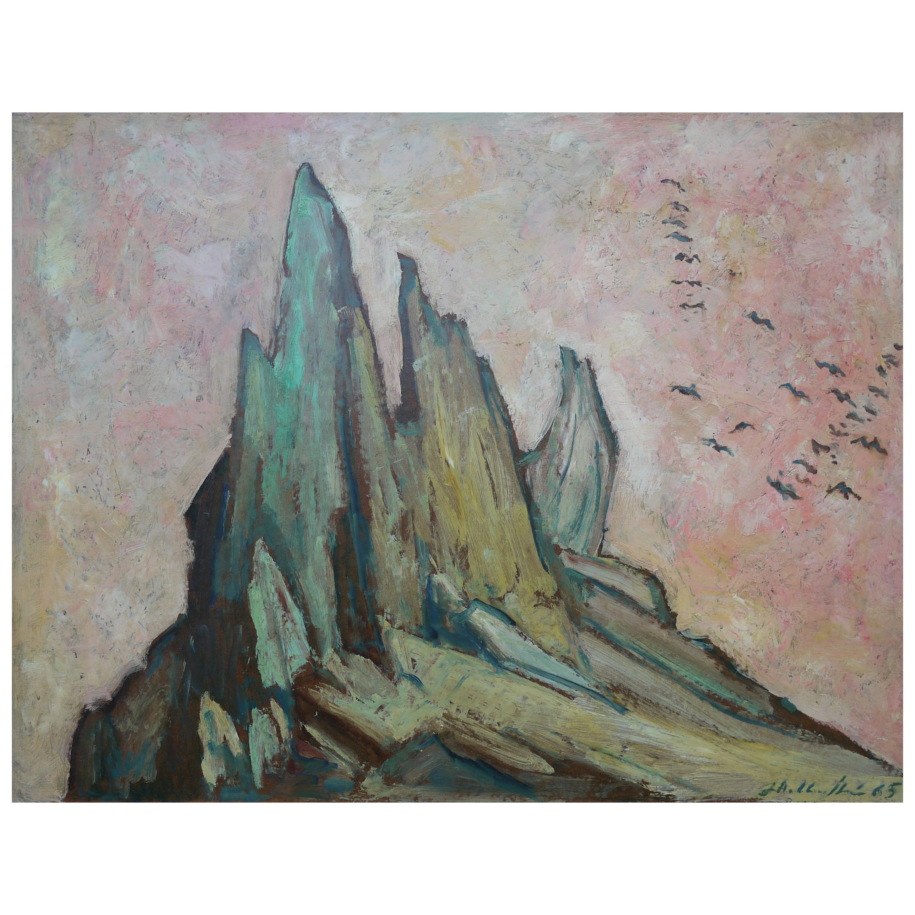 The Vajolet Towers, Walter Wellenstein Mountains Painting Oil on Board, 1965 For Sale