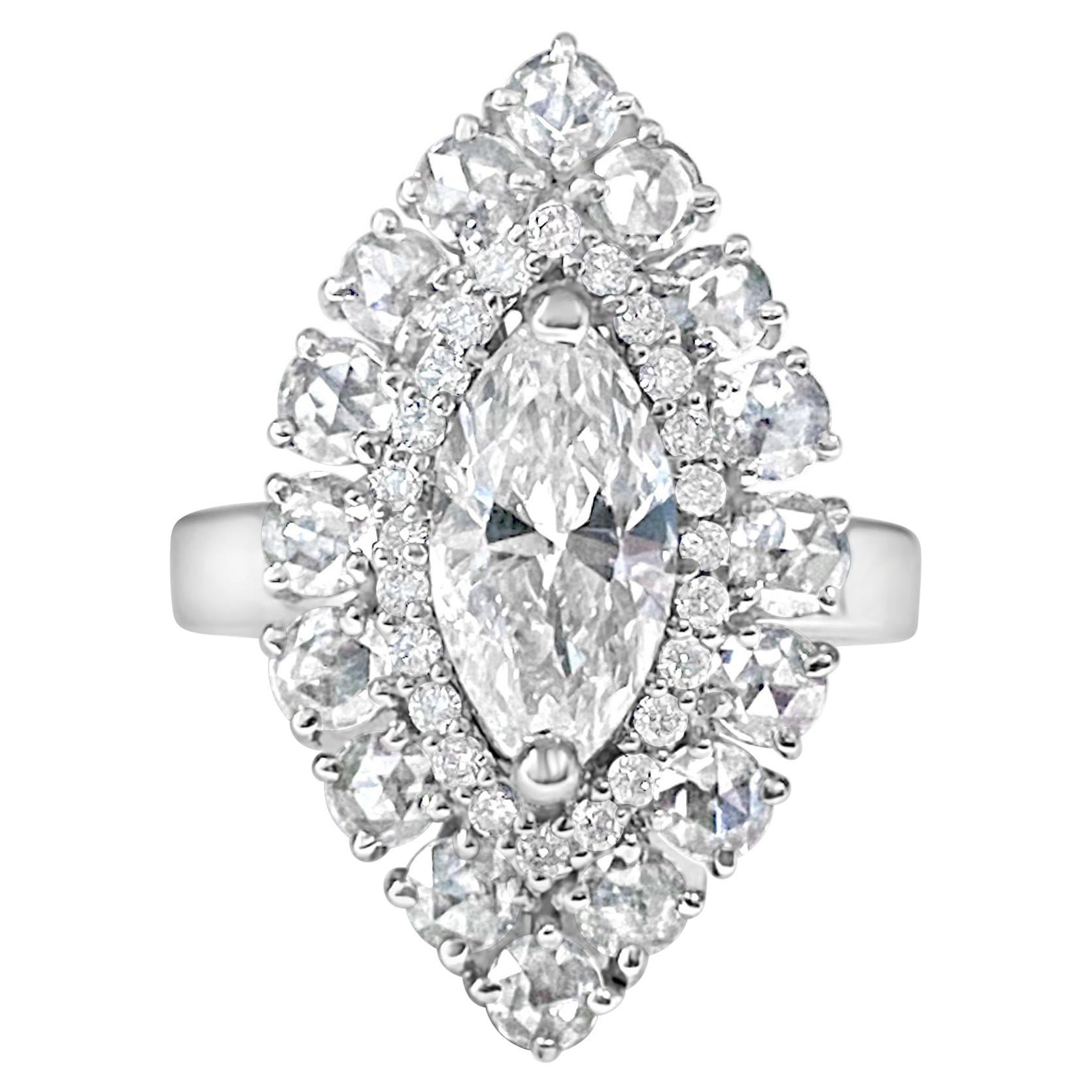 The Valioka- 1.06 Center Marquise and Rosecut Diamond Ring 18K Gold For Sale