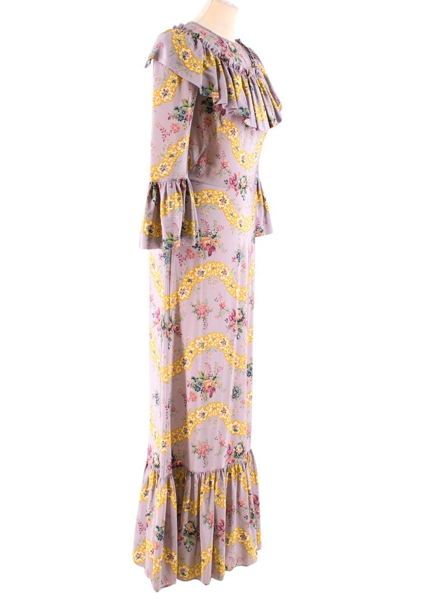 The Vampire's Wife ruffle-trimmed silk crepe de Chine dress

- Lilac purple, lightweight silk crepe de Chine 
- Multicoloured ornate floral print 
- Round neck, 3/4 length puff-shoulder sleeves
- Ruffle-trimmed front yoke
- Gathered cuffs and wide