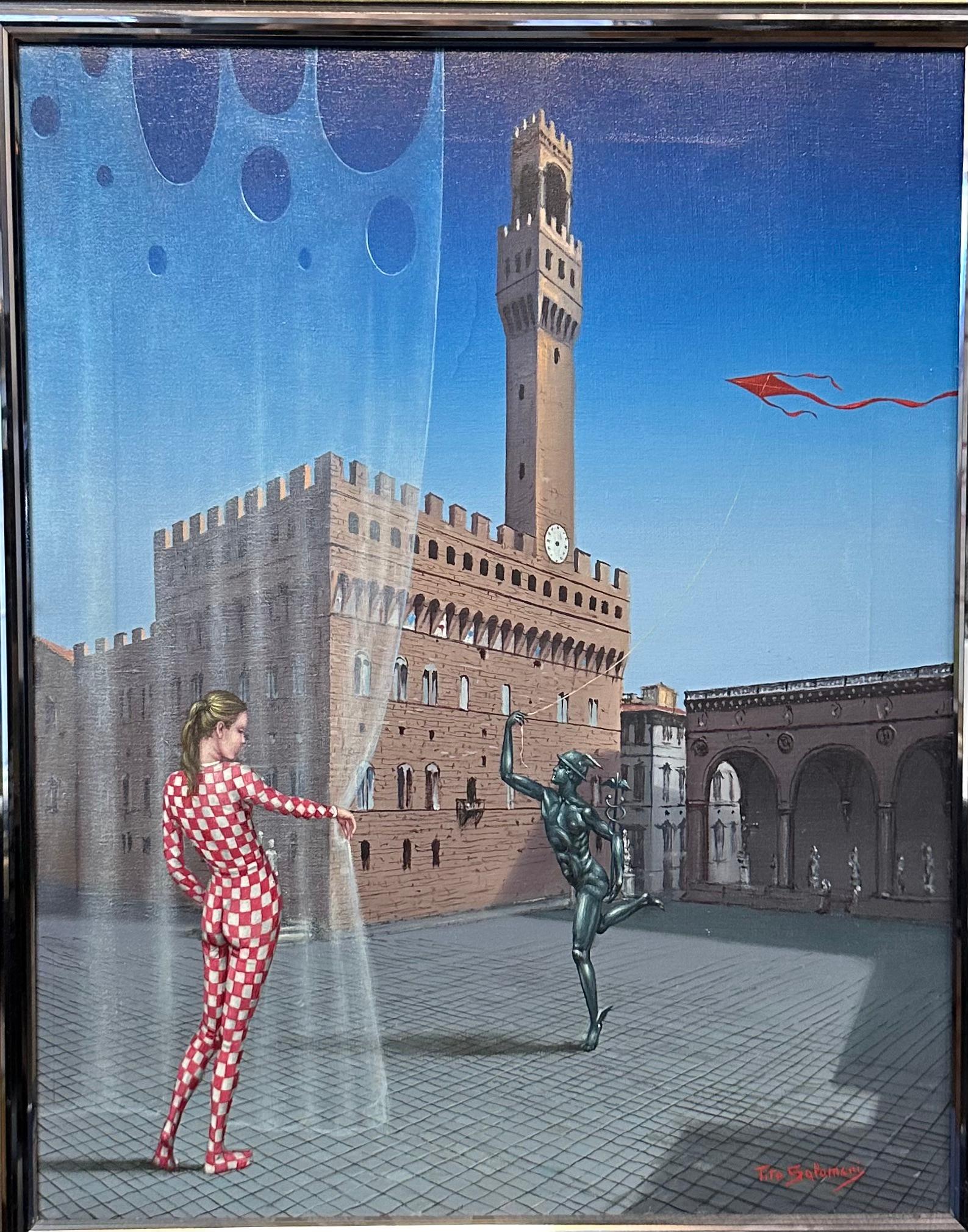 Este excepcional óleo surrealista sobre lienzo representa Florencia a través de la mente del artista Tito Salomoni. Está bellamente detallado con colores vivos que presentan una fantasía en desarrollo. El cuadro está firmado y montado en un marco