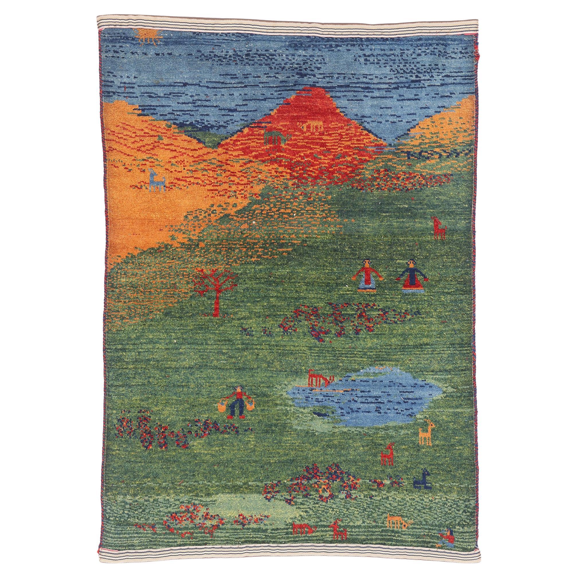 Die grüne Odyssee: Ein persisches Vintage-Gabbeh-Meisterwerk der pastoralen Fantasie