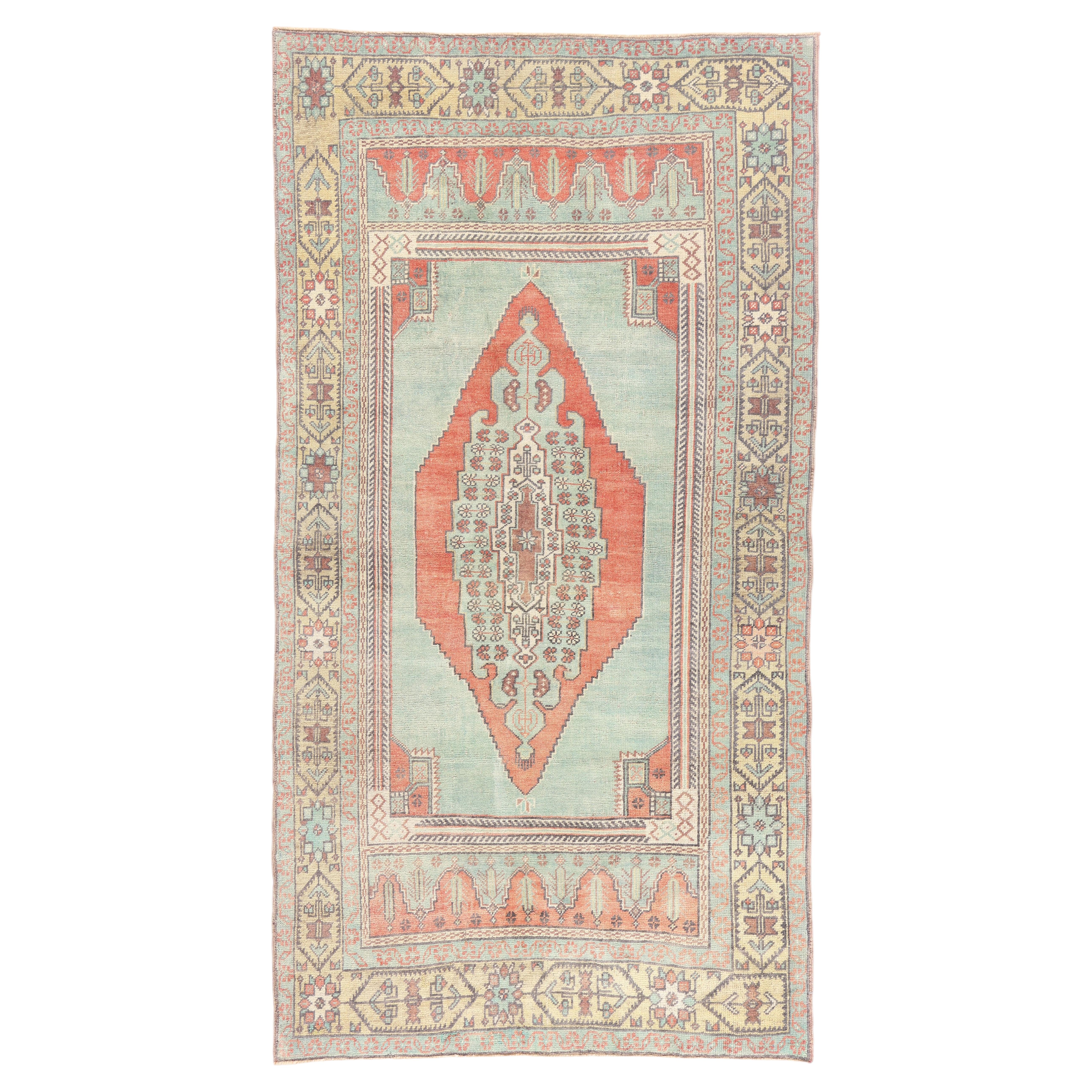 The Verdant Threshold: A Vintage Turkish Oushak Masterpiece of Elegant Harmony