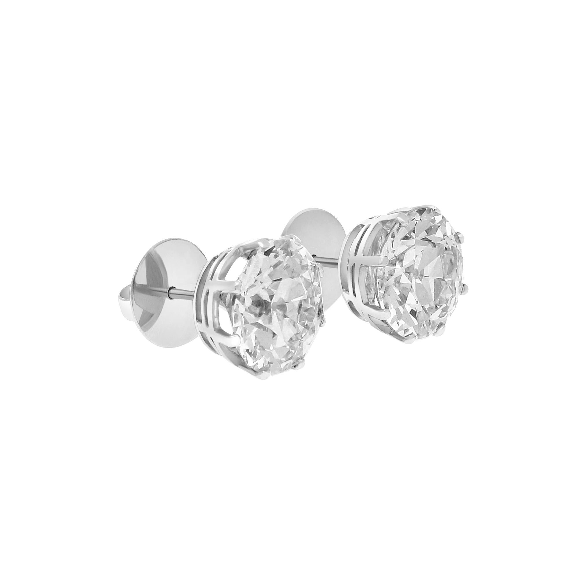 A magnificent pair of GIA certified old European diamond stud earrings set in platinum.
 
Matching perfectly in their incredible sparkle and brilliance, each earring features a GIA-certified old European brilliant-cut diamond of an incredible size.