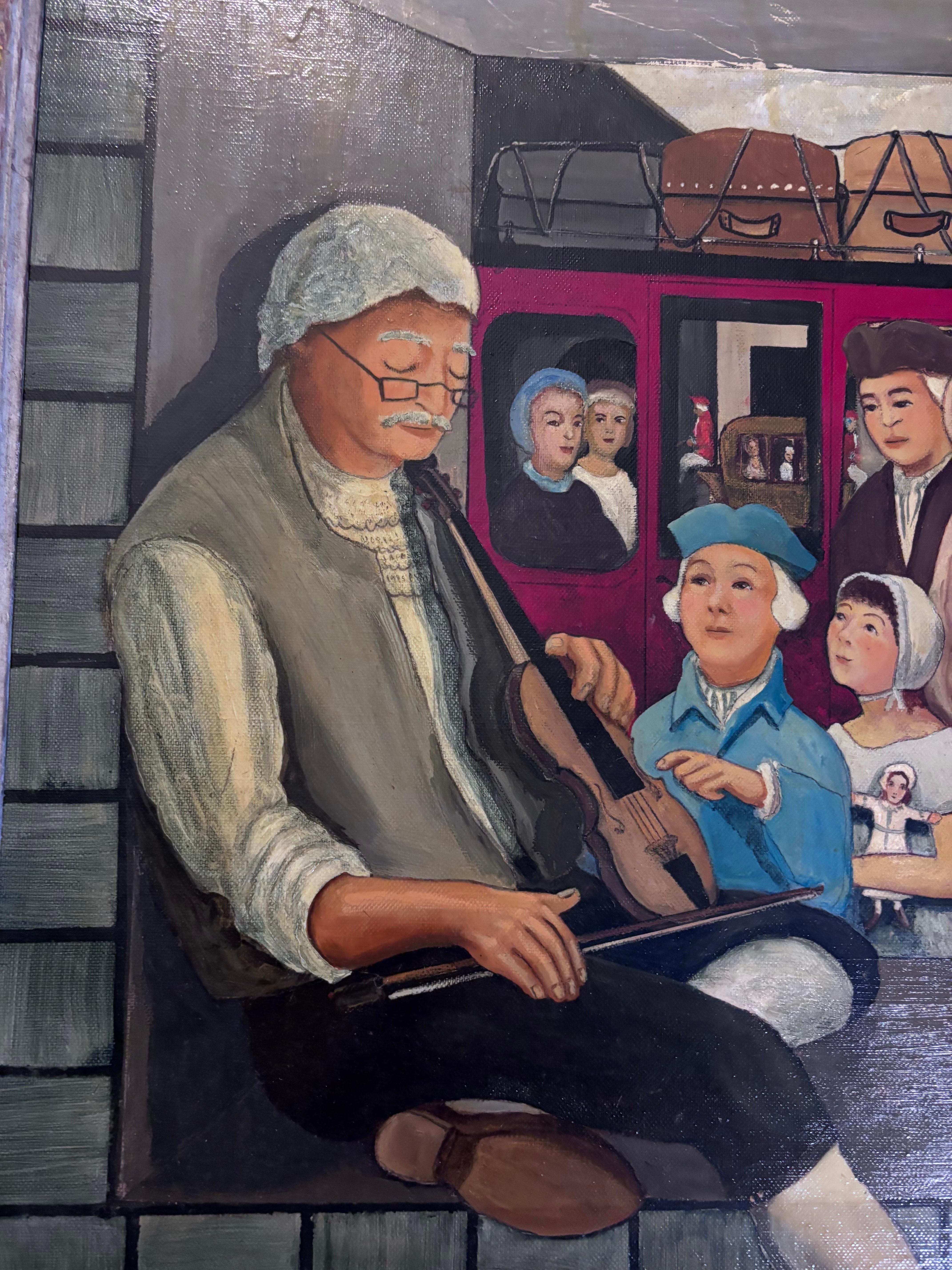 Hand-Painted The Violin Player Painting Outsider Folk Artist Gloria Laposka For Sale