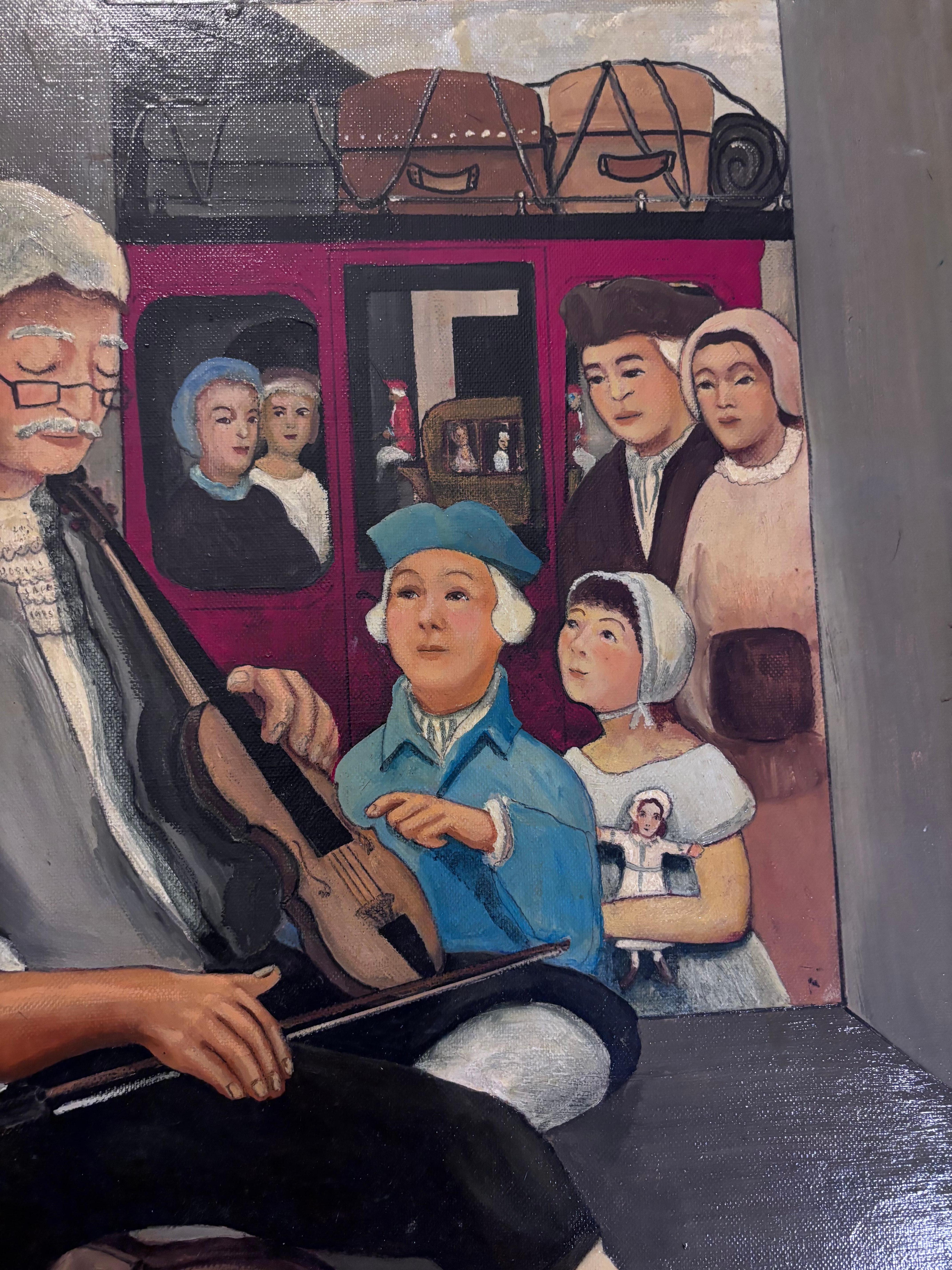 The Violin Player Painting Outsider Folk Artist Gloria Laposka In Good Condition For Sale In South Burlington, VT