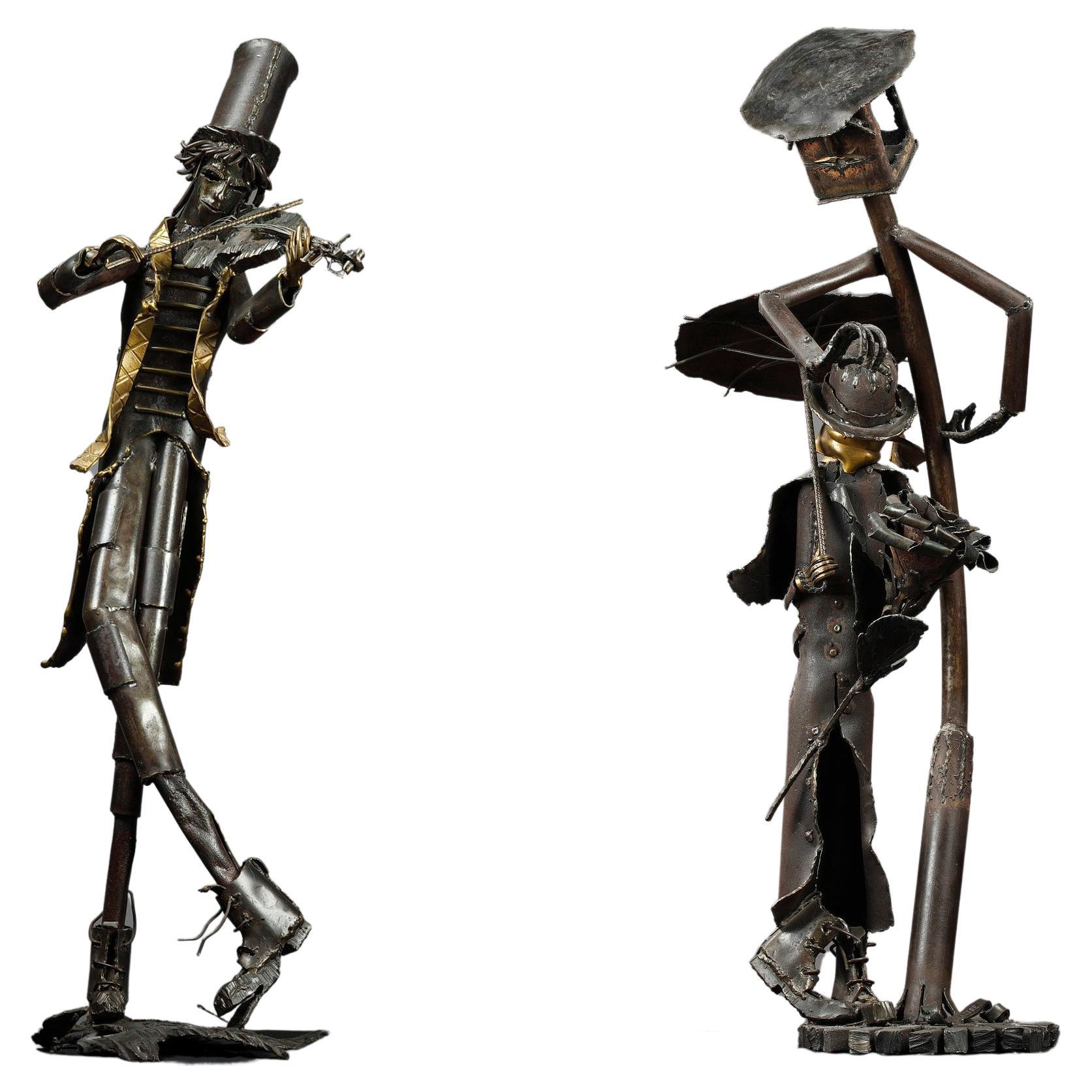 "The Violinist" & "The Wait" Iron Sculptures by J-A Delattre, France, 20th Cent. For Sale