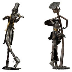 Retro "The Violinist" & "The Wait" Iron Sculptures by J-A Delattre, France, 20th Cent.
