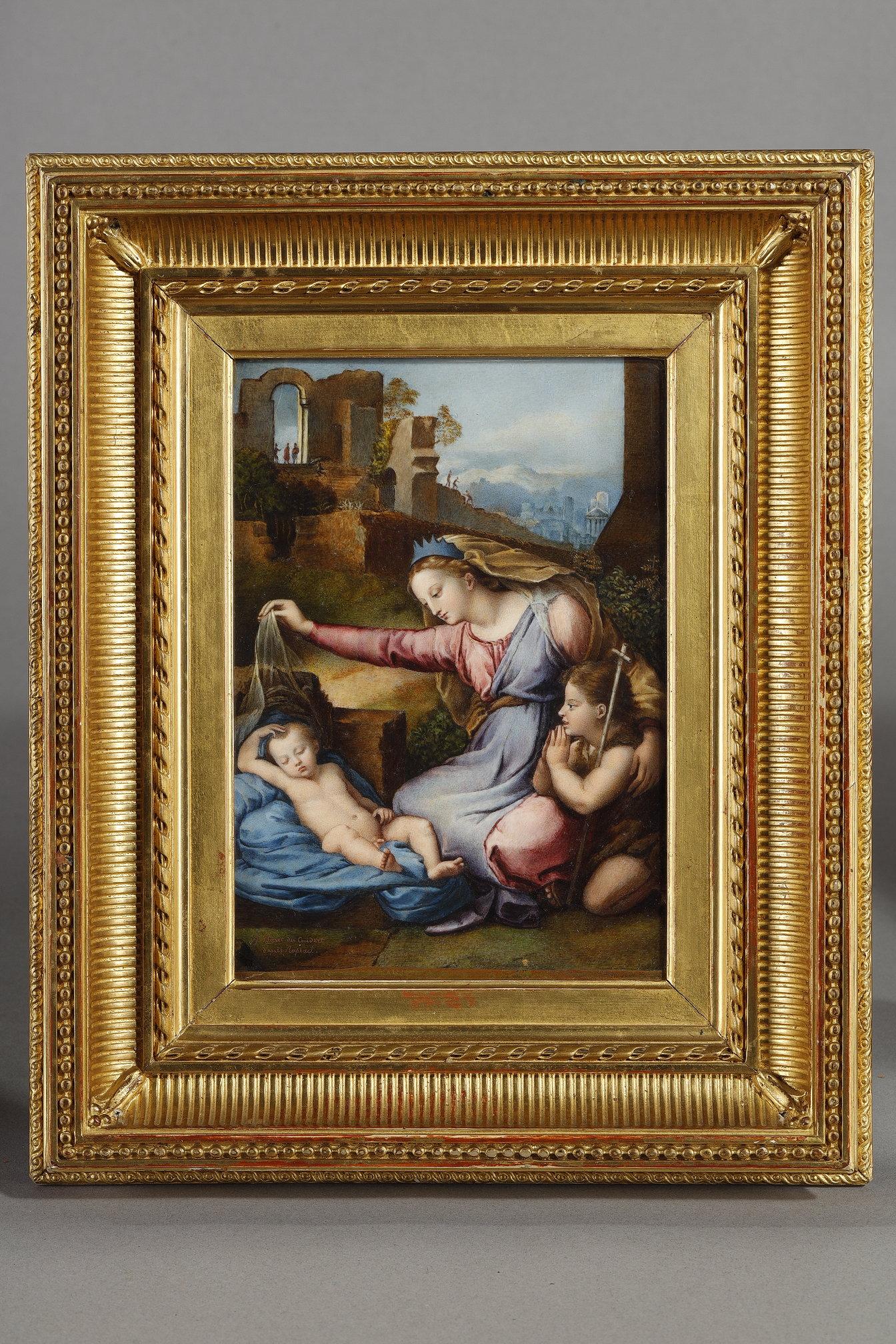 Miniatura raffigurante La Vergine e il Bambino con il piccolo Saint John, nota come la Vergine con il velo o la Vergine con la tiara blu (Louvre), dopo Raffaello (1483-1520), firmata in basso a sinistra J. Barret du Coudert dopo Raphael. Cornice in