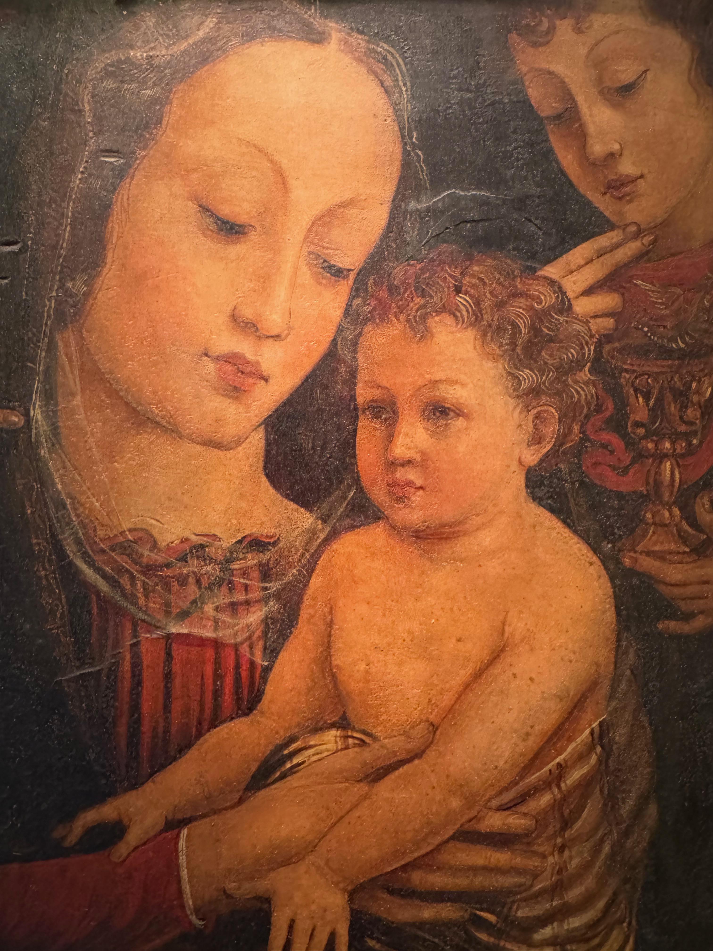 La Virgen y el Niño con San Juan Bautista. 
Témpera sobre panel de madera. Periodo del Renacimiento circa 1500 - 1520 .
Italia.
Esta pintura renacentista italiana realizada en temple al huevo sobre tabla de madera muestra a María, la madre de Jesús,