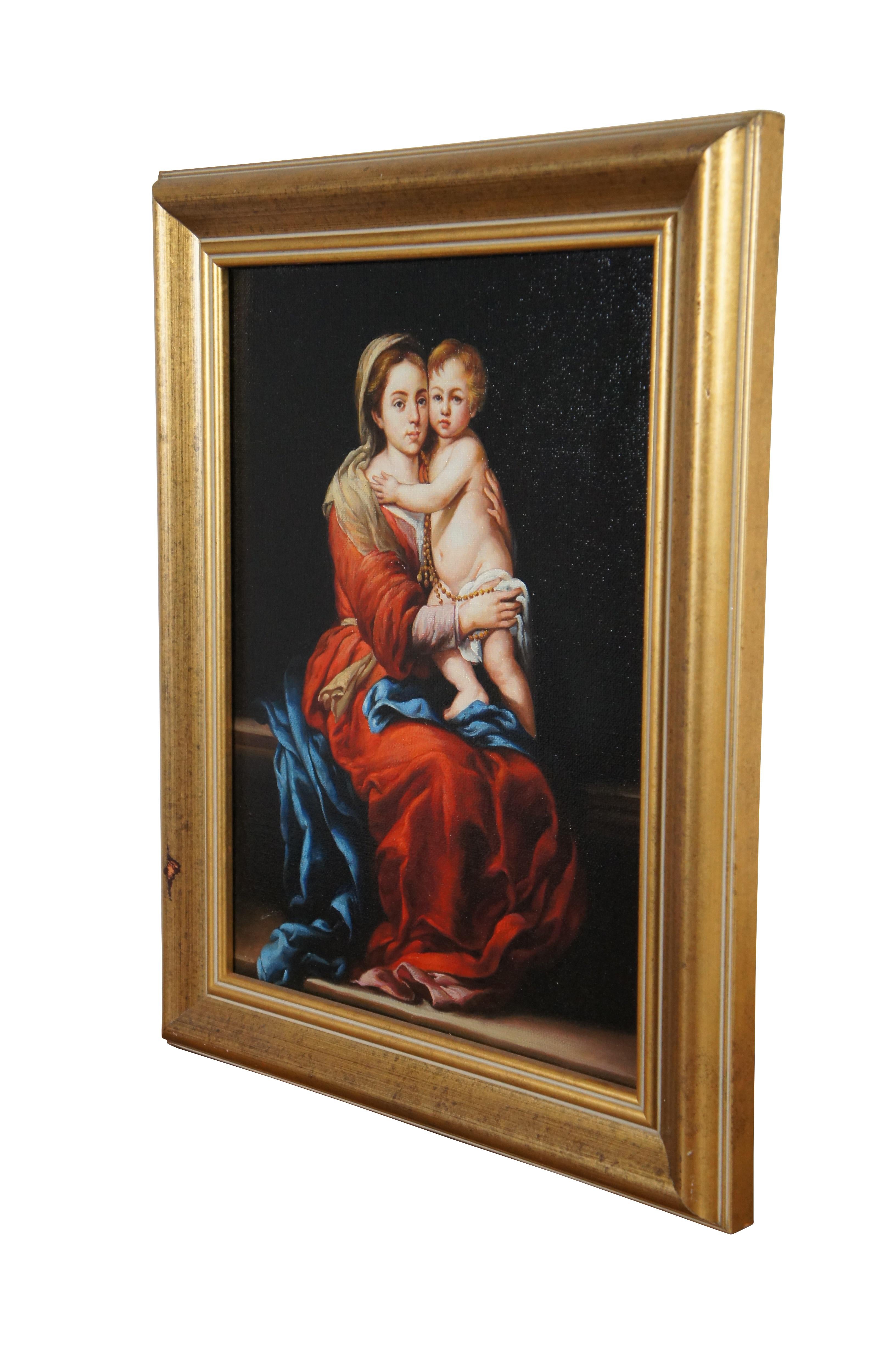 Vintage Virgin of the Rosary oil painting on canvas after Bartolome Esteban Murillo.  Framed in gold. 

A 