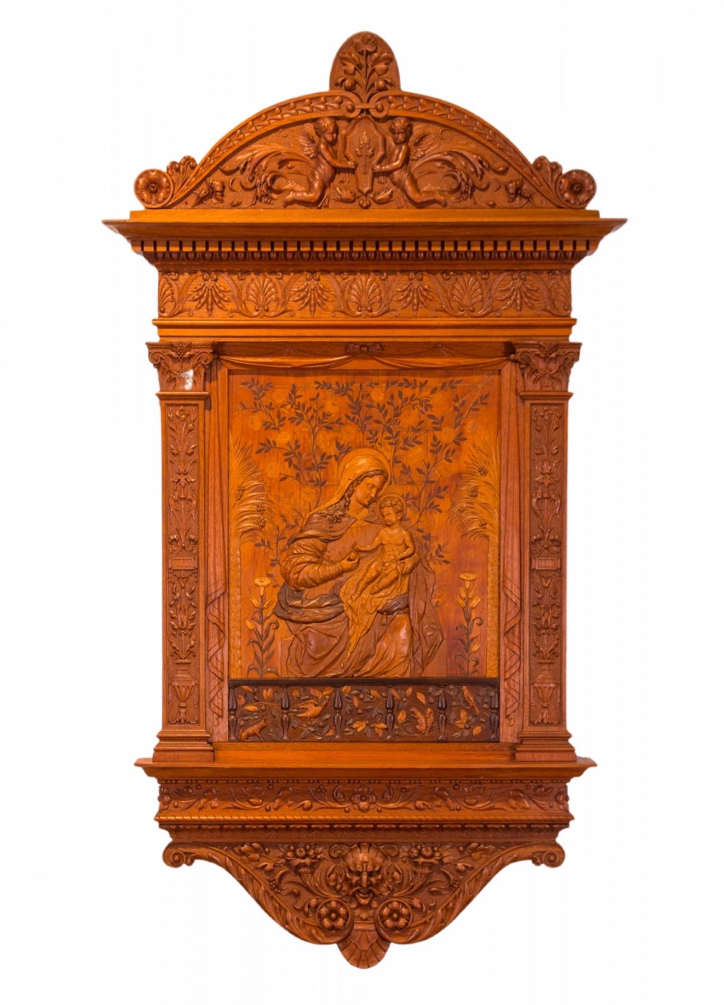 Early 19th Century Italian carved-wood in high relief composed of various types of woods set into a marquetry panel with flat inlaid scrolling fruit tree foliage. The piece is comprised of The Virgin Mary handing an apple to Jesus as a child, which