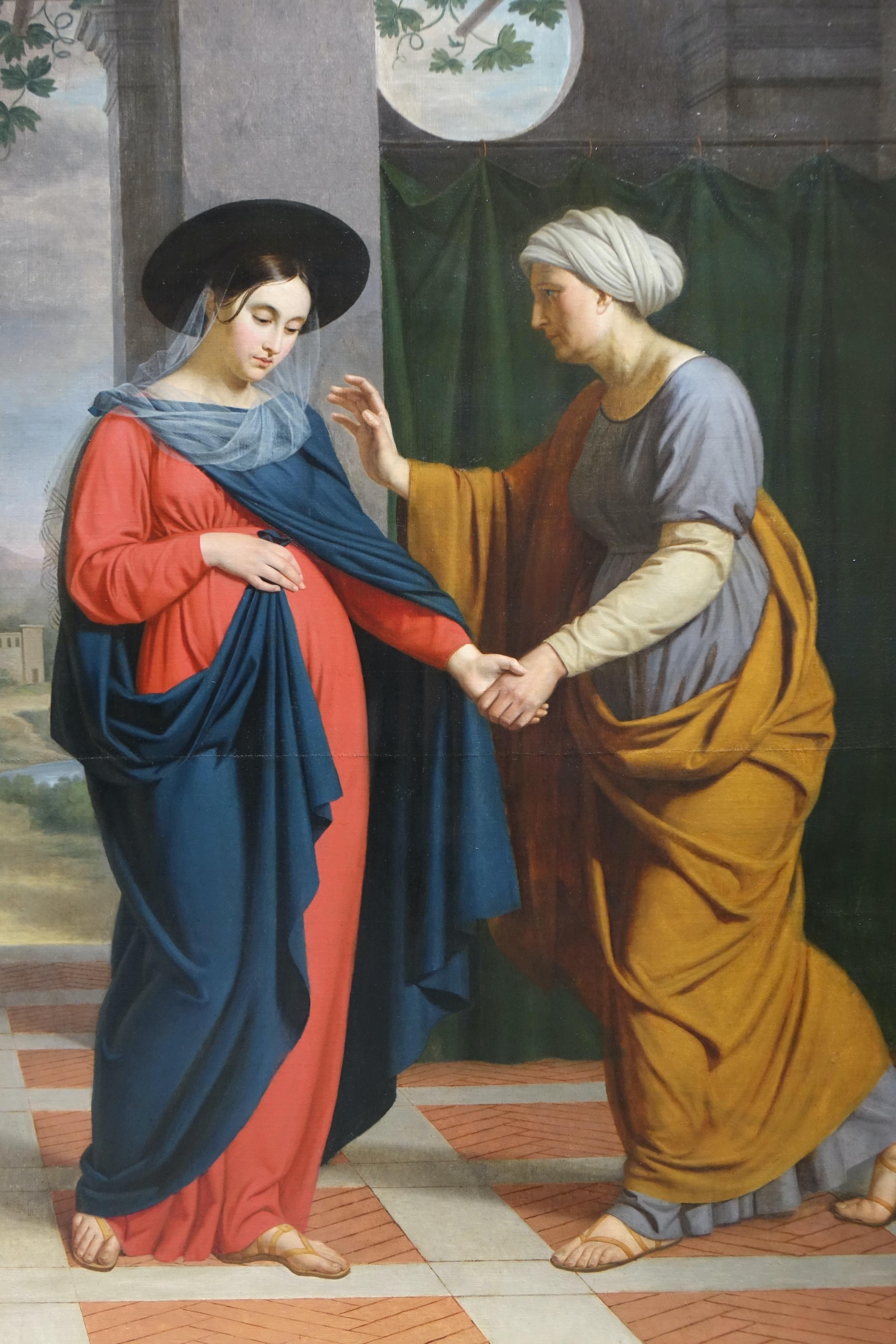 The Visitation”. Oil on canvas sewn in three very large parts (3.03m x 1.81m) representing the Visitation of Elizabeth to Mary. The Visitation commemorates an episode from the Gospel according to Luke (Lk 1:39-45): the visit that Mary, pregnant with