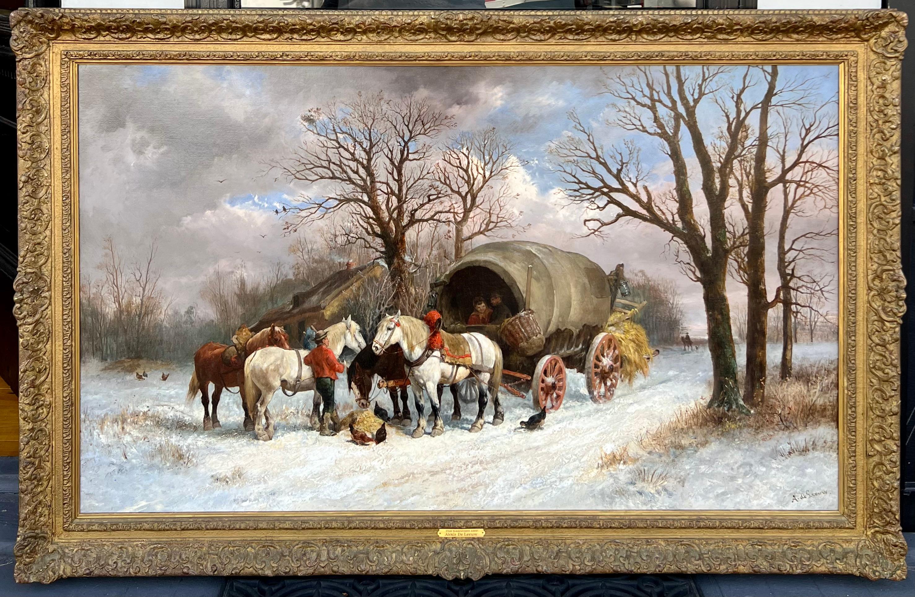 Alexis De Leeuw
Belgian, (1848-1883)
The Wagoneer's Rest
Oil on canvas, signed lower right. 
Provenance: Frost and Reed, London

Size including frame: 36.5 inches x 58.25 inches
Alexis De Leeuw was a Belgian landscape and animal painter who