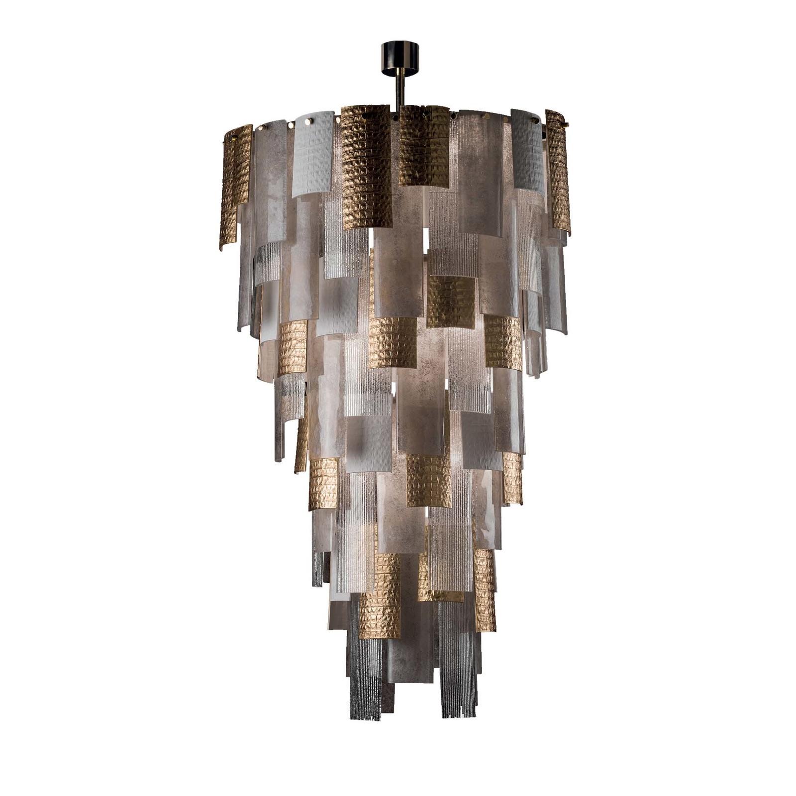 A superb sculpture that also functions as a chandelier, this stunning piece embodies Villari's traditional inspiration and exquisite manufacturing techniques. The structure in metal with a brass finish supports a cascade of metal and glass elements
