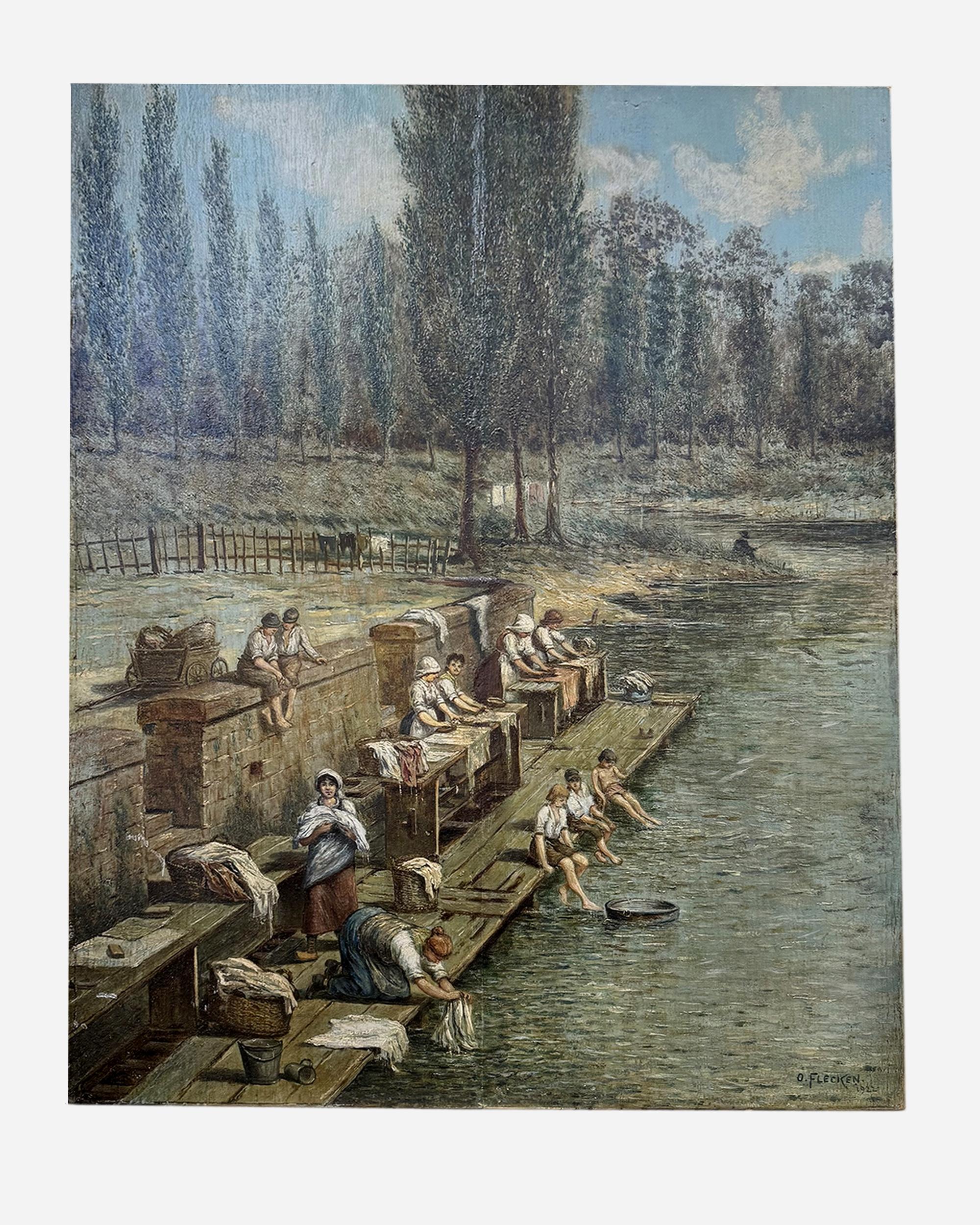 Oil painting on a thick oak panel, depicting washerwomen at work by a river and children wading at their feet, in a verdant landscape.
Signed O Flecken and dated 1922.

Biography

Karl Otto Leonard Flecken (known as Otto Flecken) was born on April
