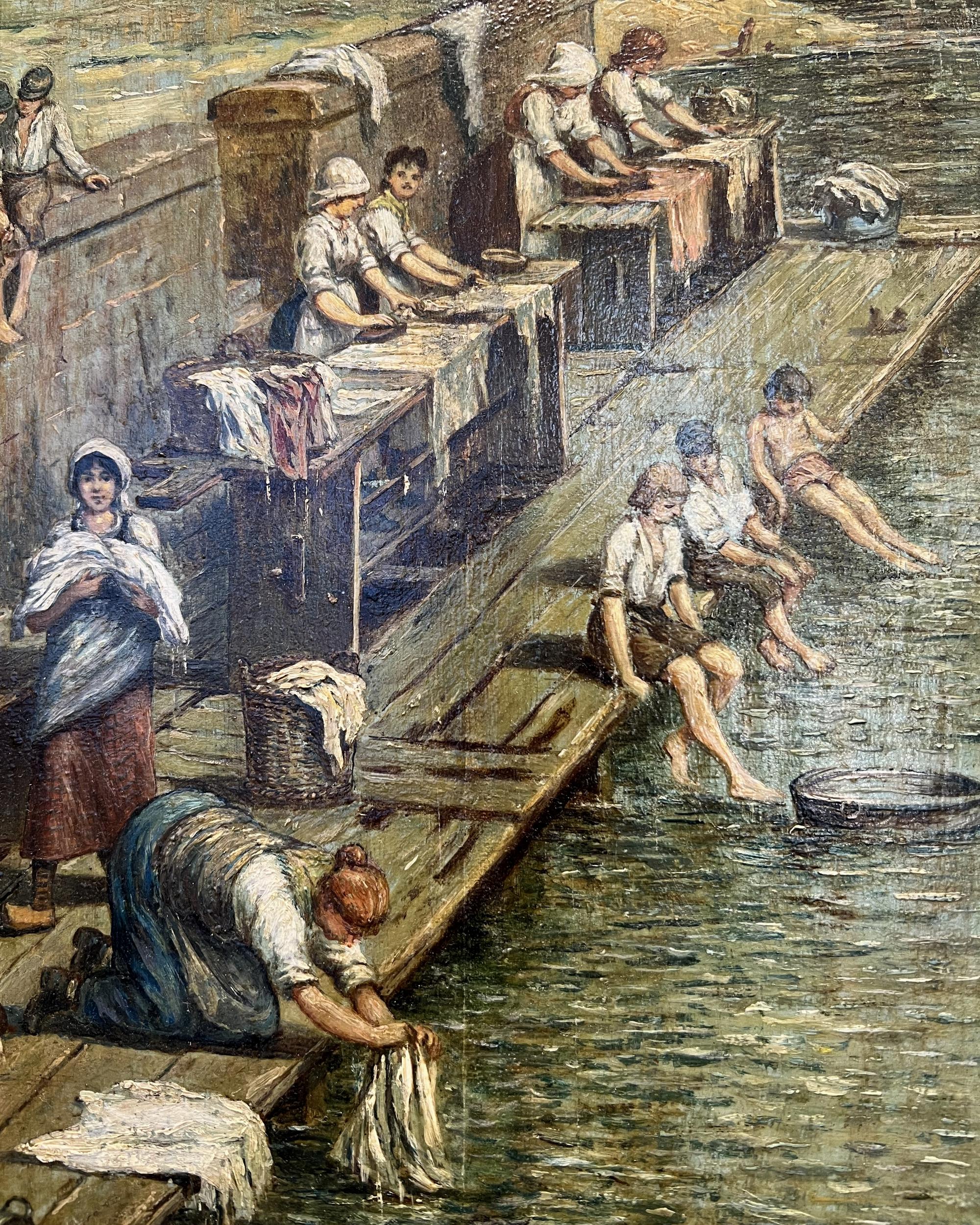 “The Washerwomen”, oil on panel, by Otto Flecken, Germany, 1922 In Good Condition For Sale In Paris, FR