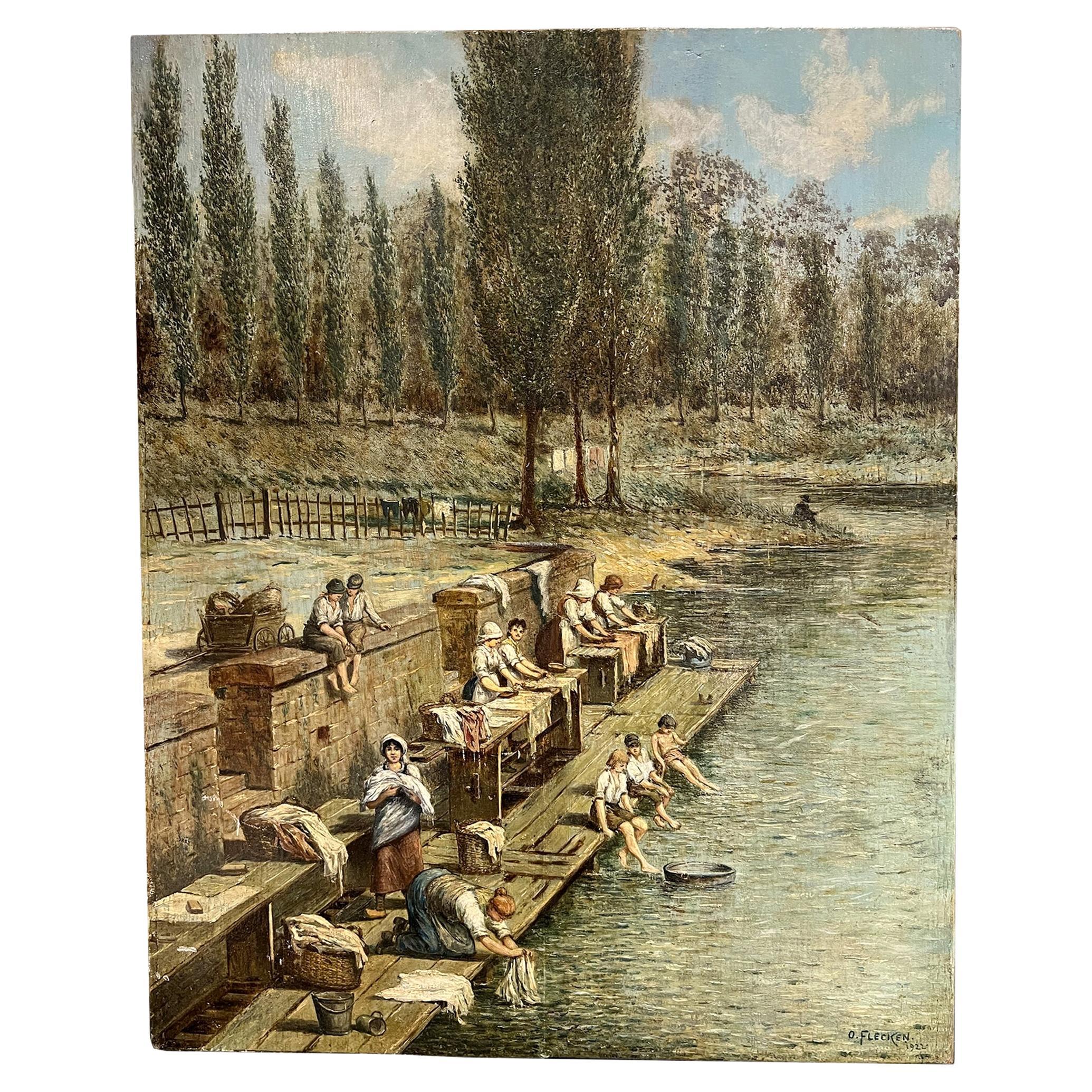 “The Washerwomen”, oil on panel, by Otto Flecken, Germany, 1922