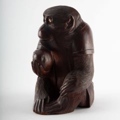 The Watchful Monkey: Early 20th Century Japanese Wood Carving of a Monkey
