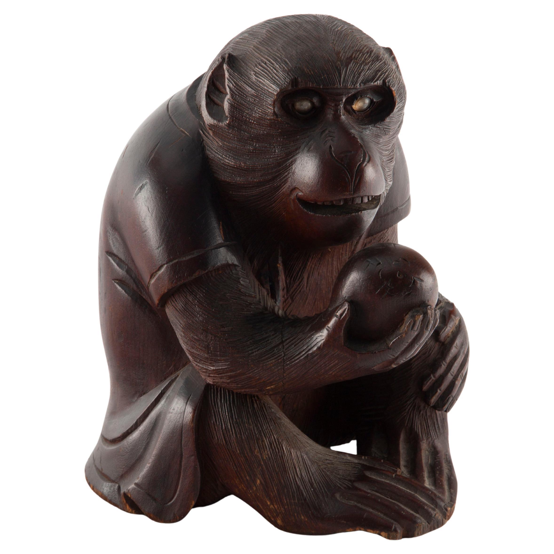 The Watchful Monkey: Early 20th Century Japanese Wood Carving of a Monkey