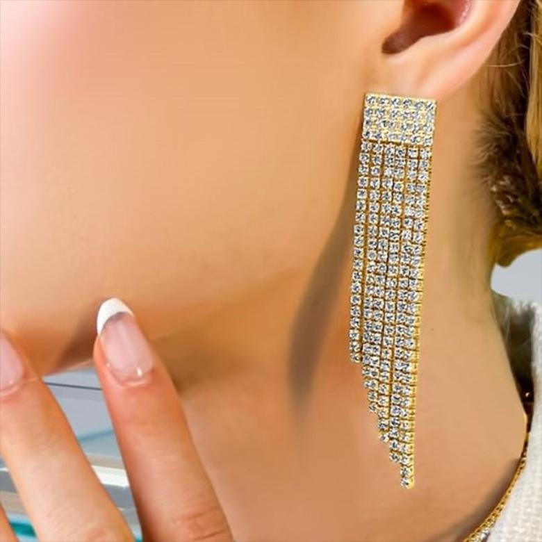 Modern Glamour Cascade 14K Yellow Gold Rhinestone Drop Earrings For Sale