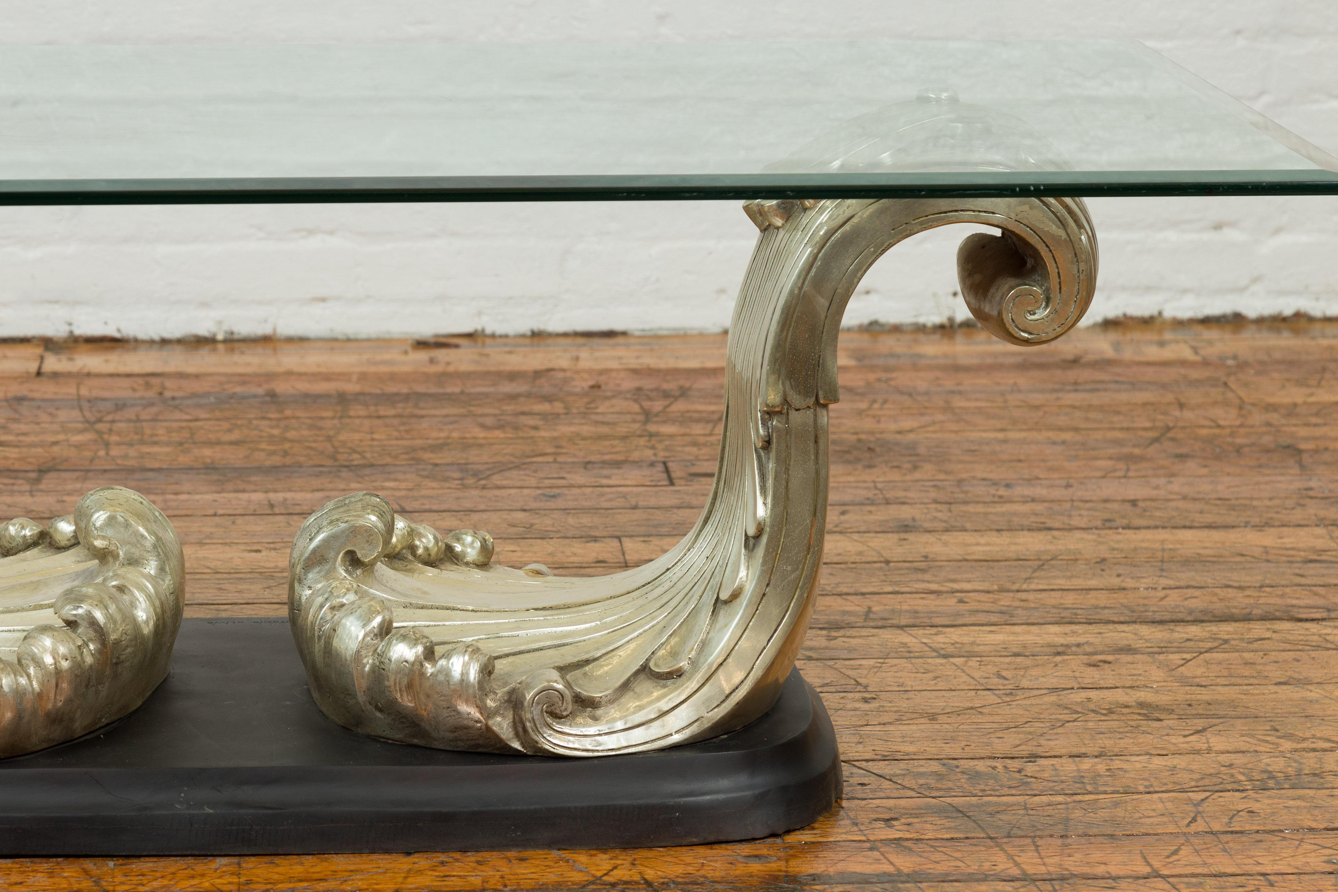 The Wave, Contemporary Silver on Bronze Scrolling Coffee Table Base In Good Condition For Sale In Yonkers, NY