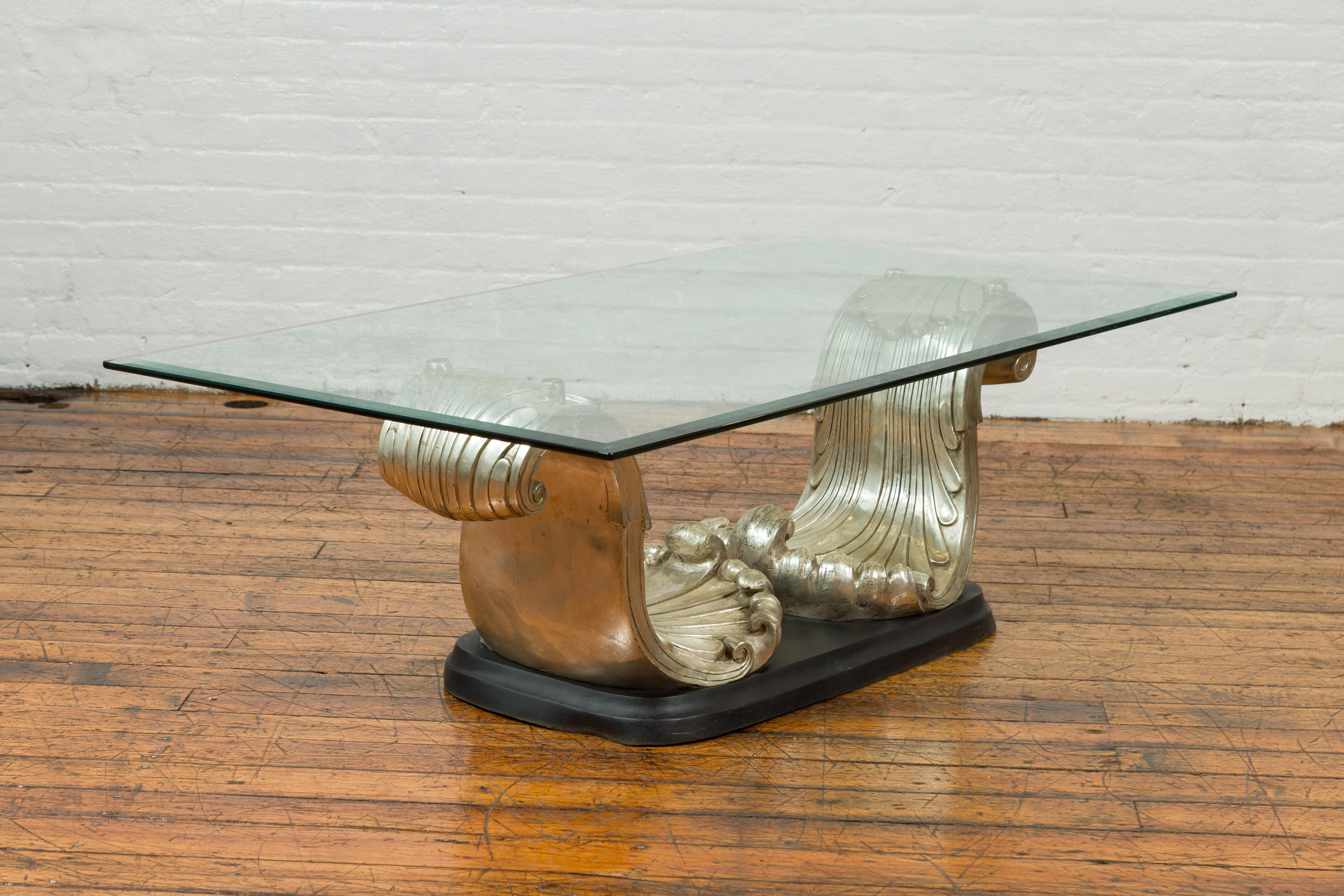 The Wave, Contemporary Silver on Bronze Scrolling Coffee Table Base For Sale 3