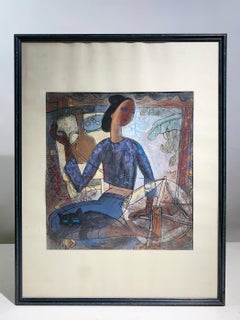 "The Weaver’s Companion" Mixed Media Painting signed "Yang", Circa 1990's