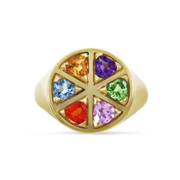 Prepare to be transported into a world of vibrant colors and playful inspiration with this captivating ring. Just like a full wedge on a Trivial Pursuit board game, this ring frames the exquisite 6 trillion-cut gemstones, creating a burst of color