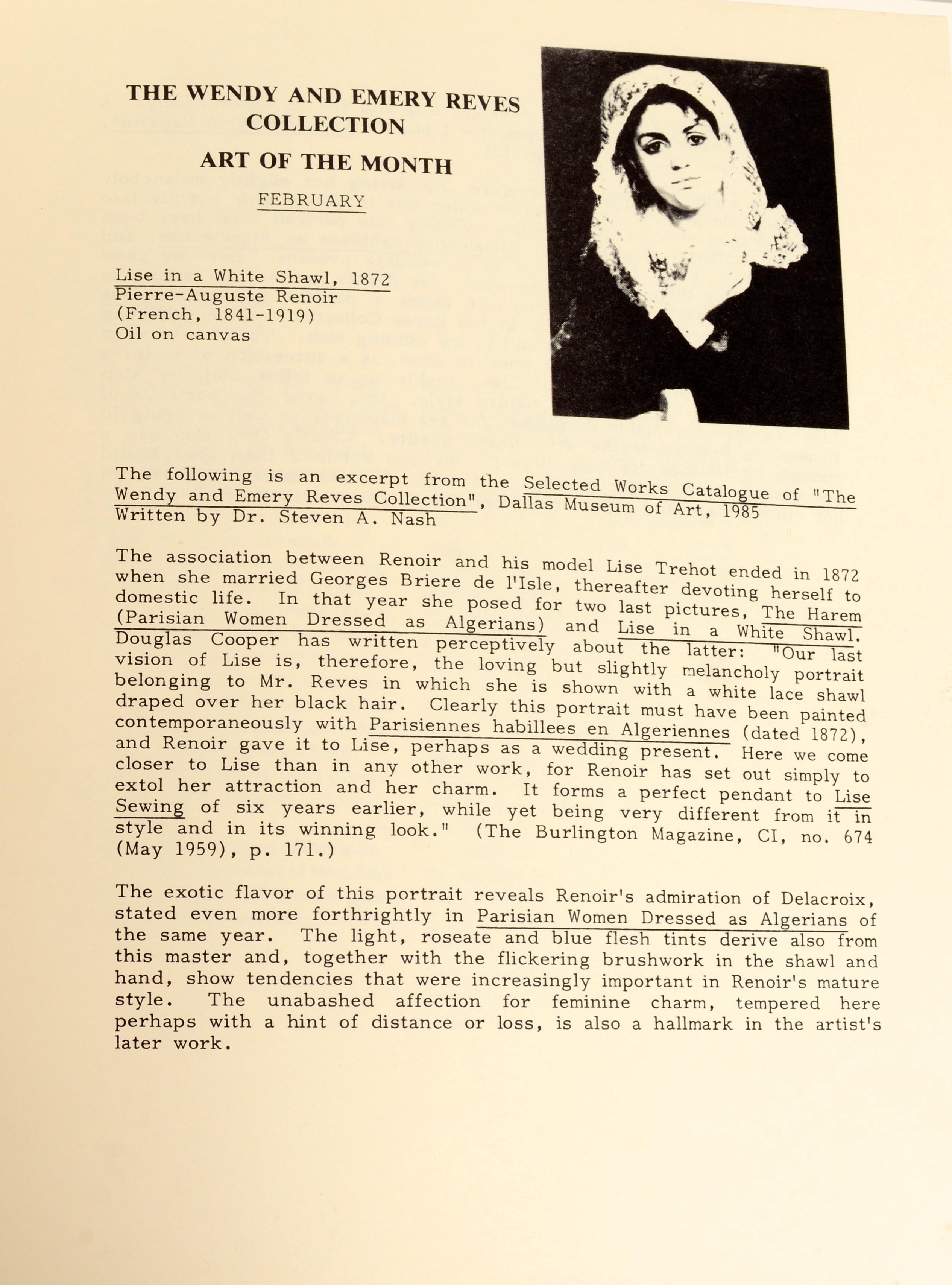 The Wendy and Emery Reves Collection, Edited by Robert V. Rozelle. Published by The Dallas Museum of Arts, 1985, University of Texas. Stated 1st Ed hardcover with dust jacket. A catalog of the many of the more than 1,400 works from the private art