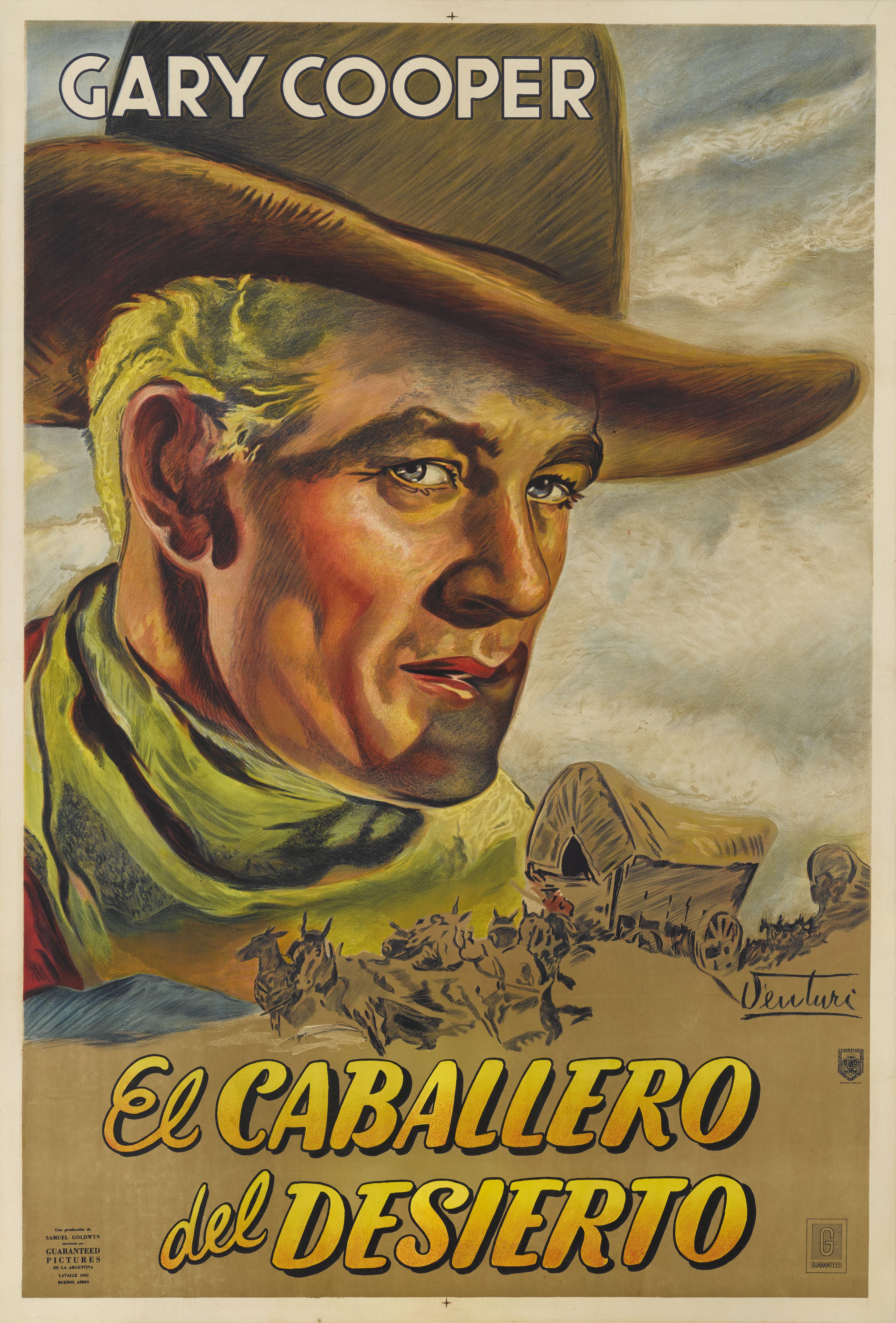 Original Argentinian film poster for The Westerner, 1940.
This film starred Gary Cooper and Walter Brennan and was directed by William Wyler.
This poster was designed by Osvaldo Venturi for the films first Argentinian release in 1941. Osvaldo