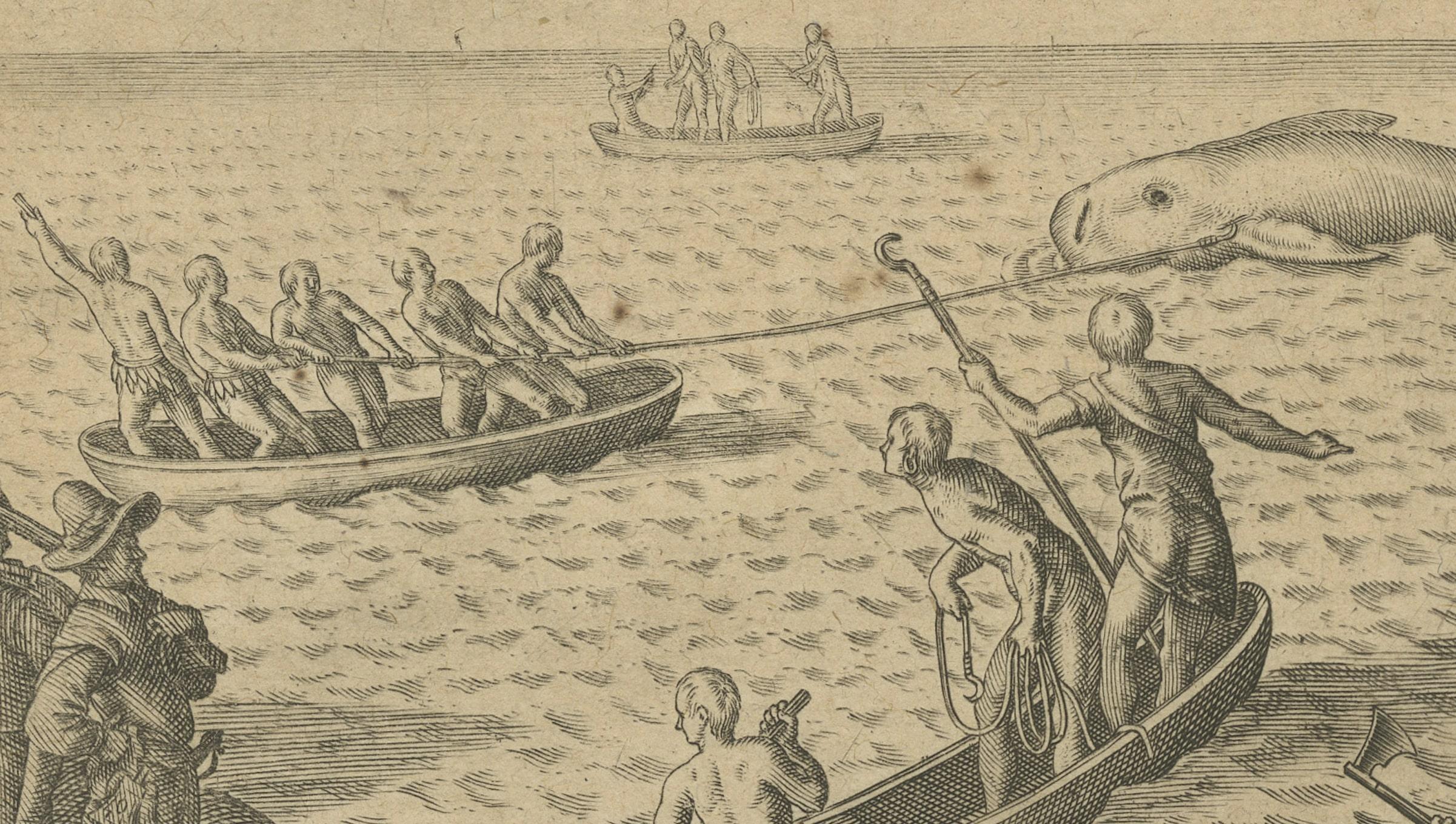 The Whale Harvest of St. Mary's Island - Copper Engraving by de Bry, 1601 In Good Condition For Sale In Langweer, NL