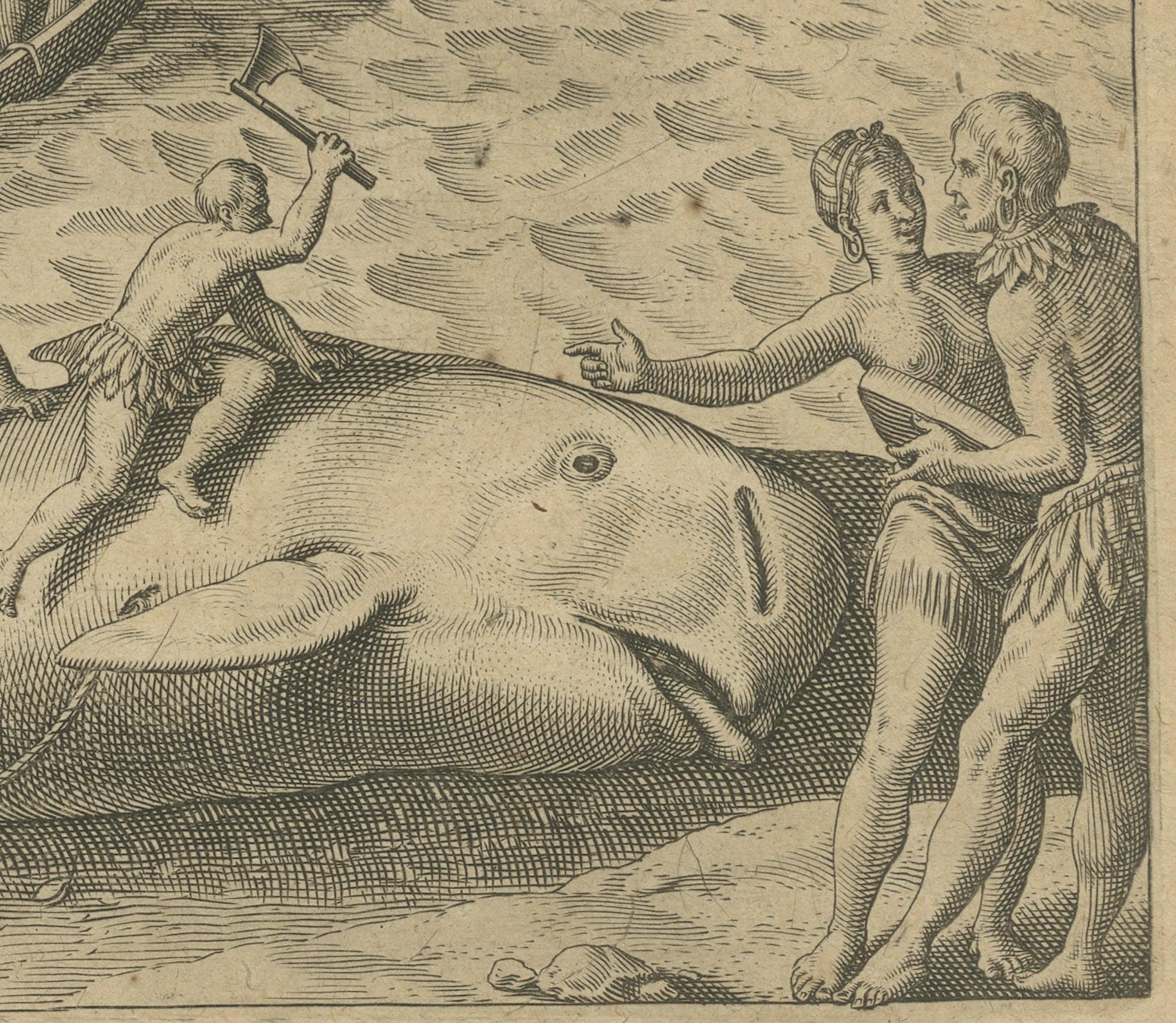 17th Century The Whale Harvest of St. Mary's Island - Copper Engraving by de Bry, 1601 For Sale