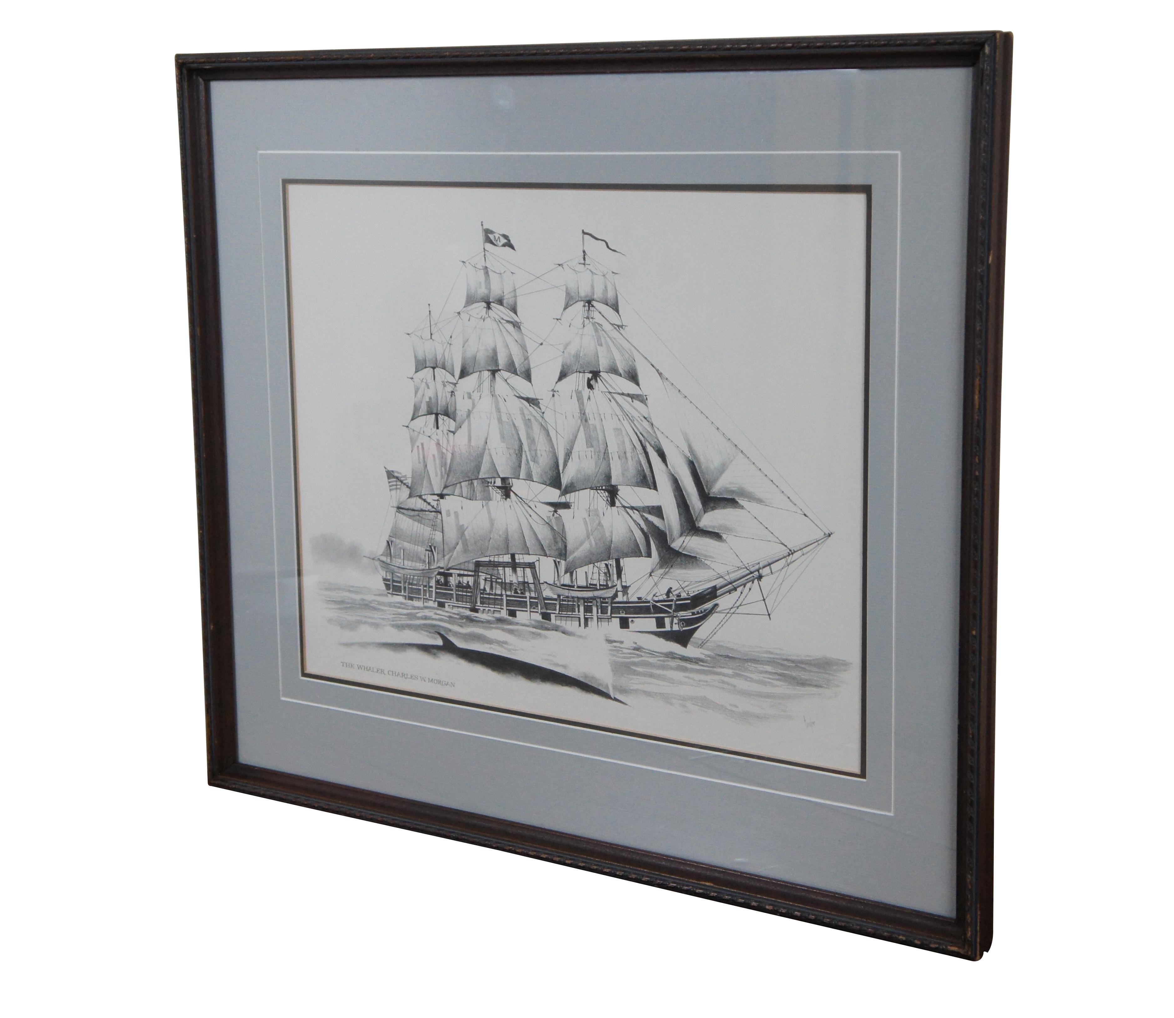 Late 20th century black and white lithograph print depicting “The Whaler Charles W. Morgan” from an engraving by Fowler. Displayed in a neatly carved dark wood frame. Professionally matted and framed under glass.

Charles W. Morgan is an American