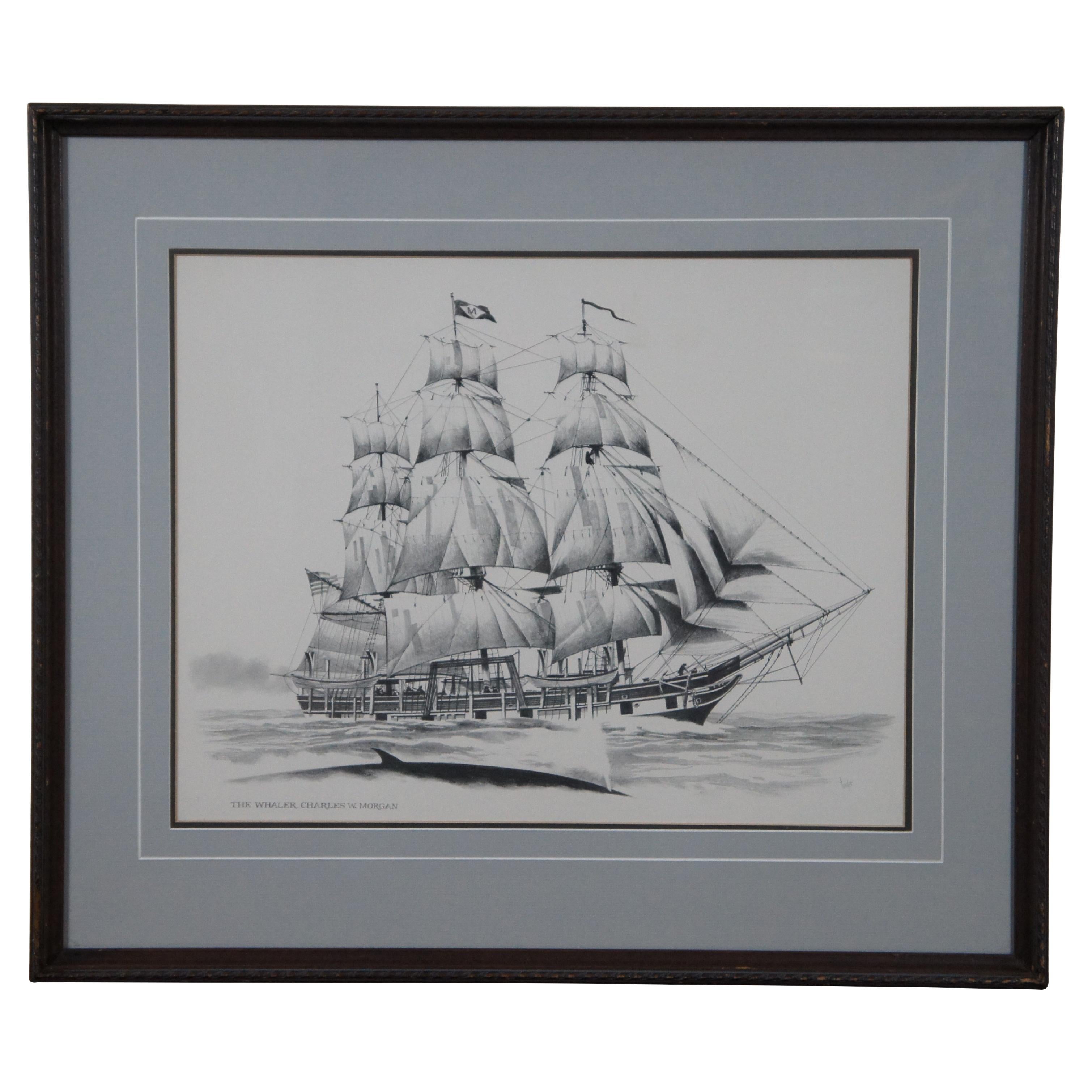 The Whaler Charles W. Morgan Nautical Maritime Lithograph Print Fowler 26" For Sale