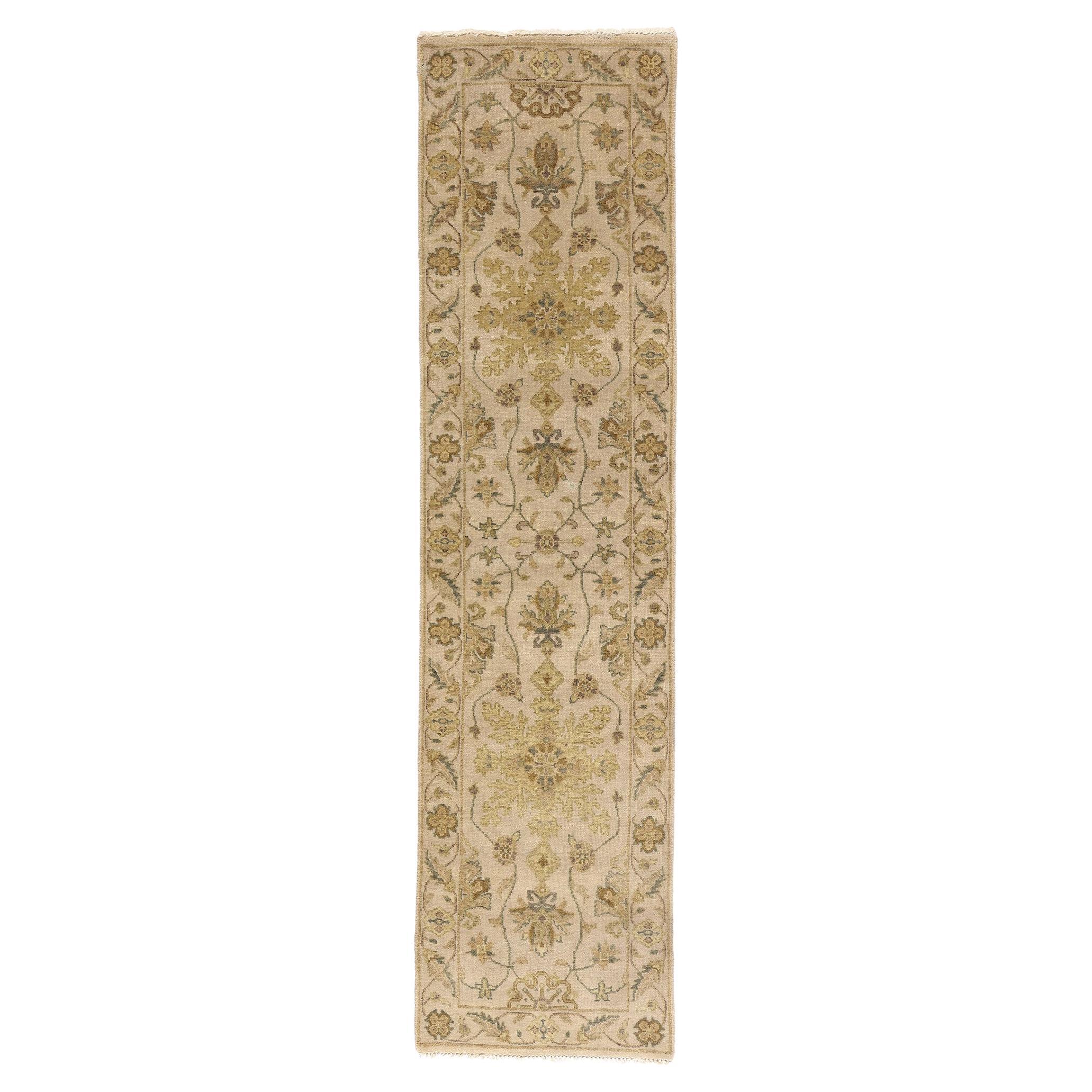 The Whispered Elegance: A Vintage Earth-Tone Oushak Runner of Timeless Grace For Sale