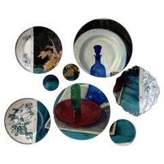 Installazione artistica a parete di piatti di ceramica e olio su tela - "The White Plate" (Il piatto bianco)