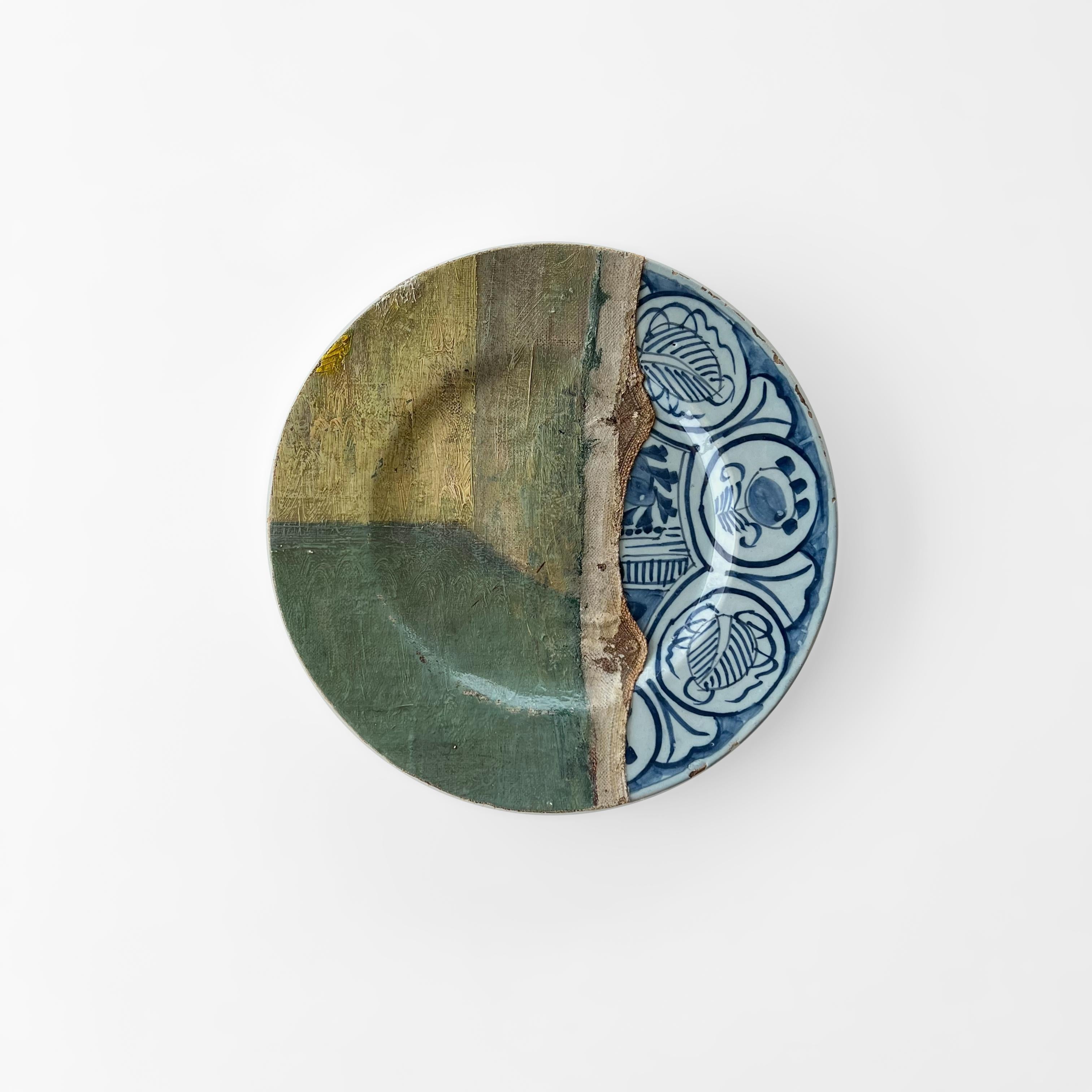 Ceramica Installazione artistica a parete: Piatti di ceramica e olio su tela - 