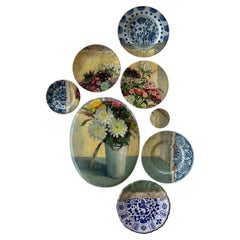 "The White Vase" Contemporary Installation of Ceramic Plates and Oil on Canvas