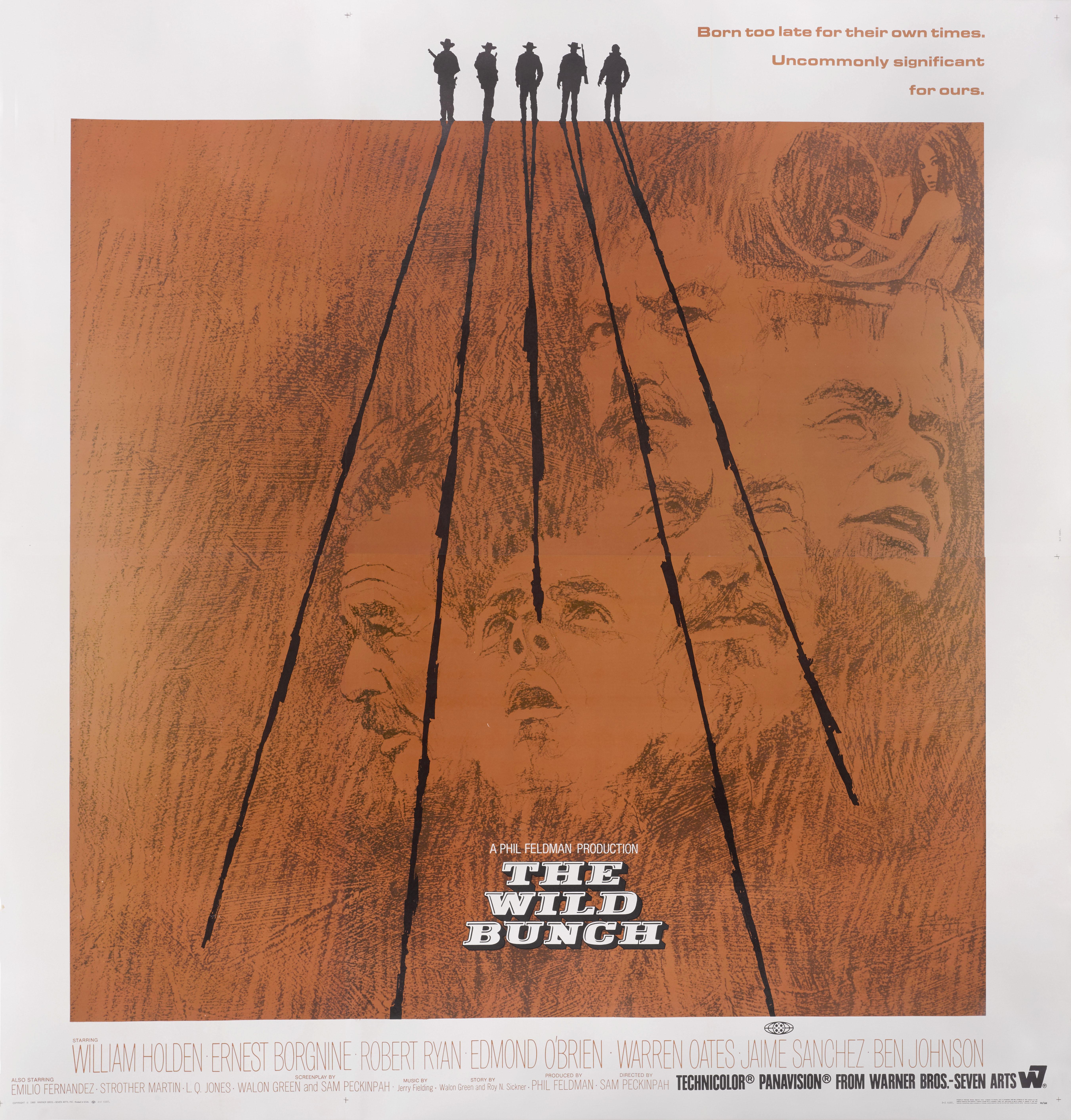 Original American film poster for Sam Peckinpah's 1969 western The Wild Bunch.
This exceptionally rare poster was printed in 4 sheets and designed to be pasted onto billboards, therefore only unused examples survived. This film starred William