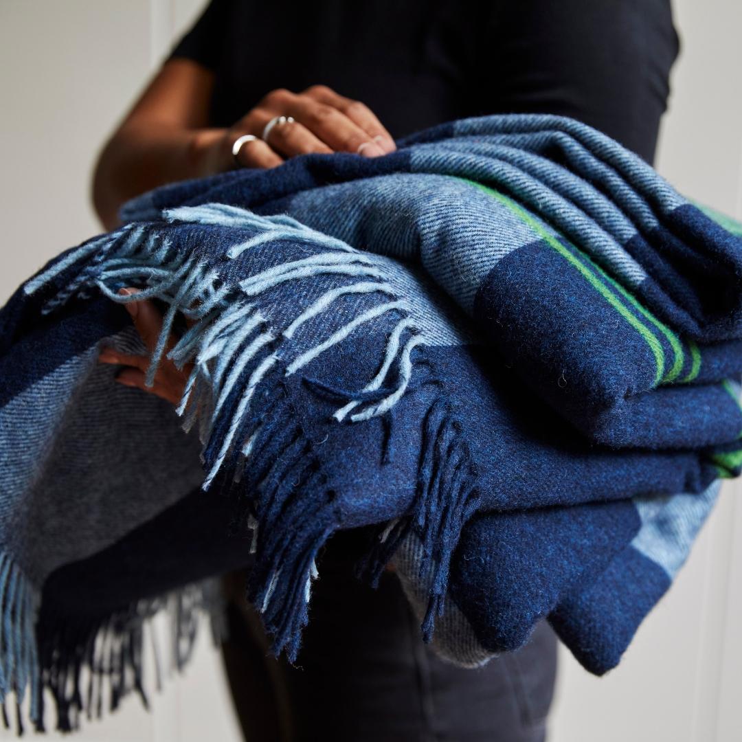 Organic Modern The Wilde Merino Lambswool Blue Throw / Blanket For Sale