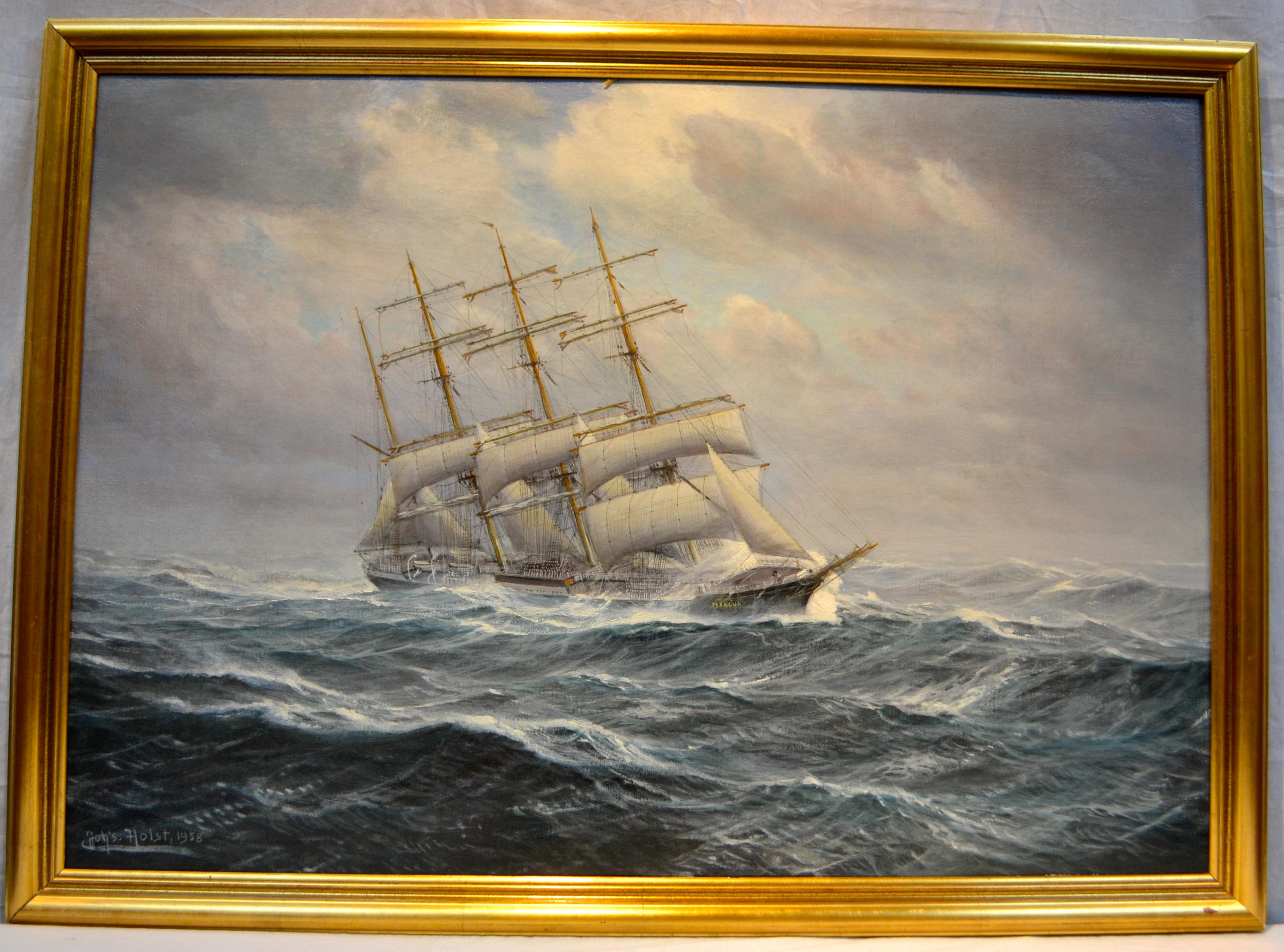 Ein klassisches Marinegemälde in Öl auf Leinwand:: das einen Viermast-Windjammer namens Pisacua in rauer See zeigt:: gemalt von dem bekannten deutschen Marinekünstler Johannes Holst (1880-1965). Das Gemälde ist mit Joh's Holst signiert und auf 1958