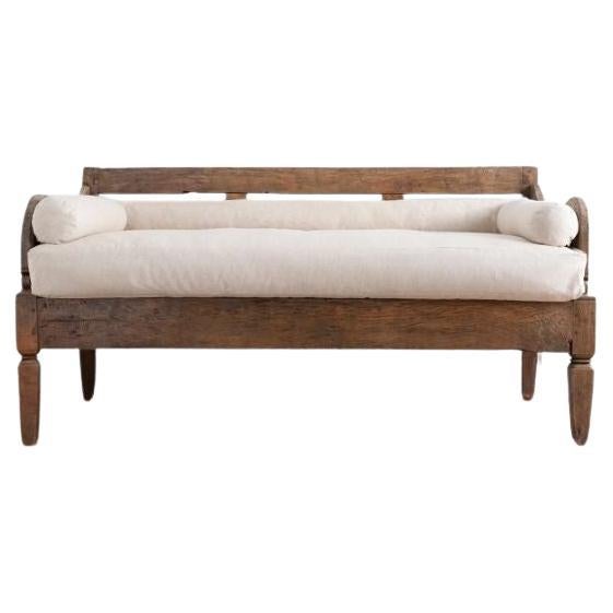 Winged-Arm Hand Carved Teak Daybed with White Linen Cushion