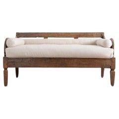 Used Winged-Arm Hand Carved Teak Daybed with White Linen Cushion