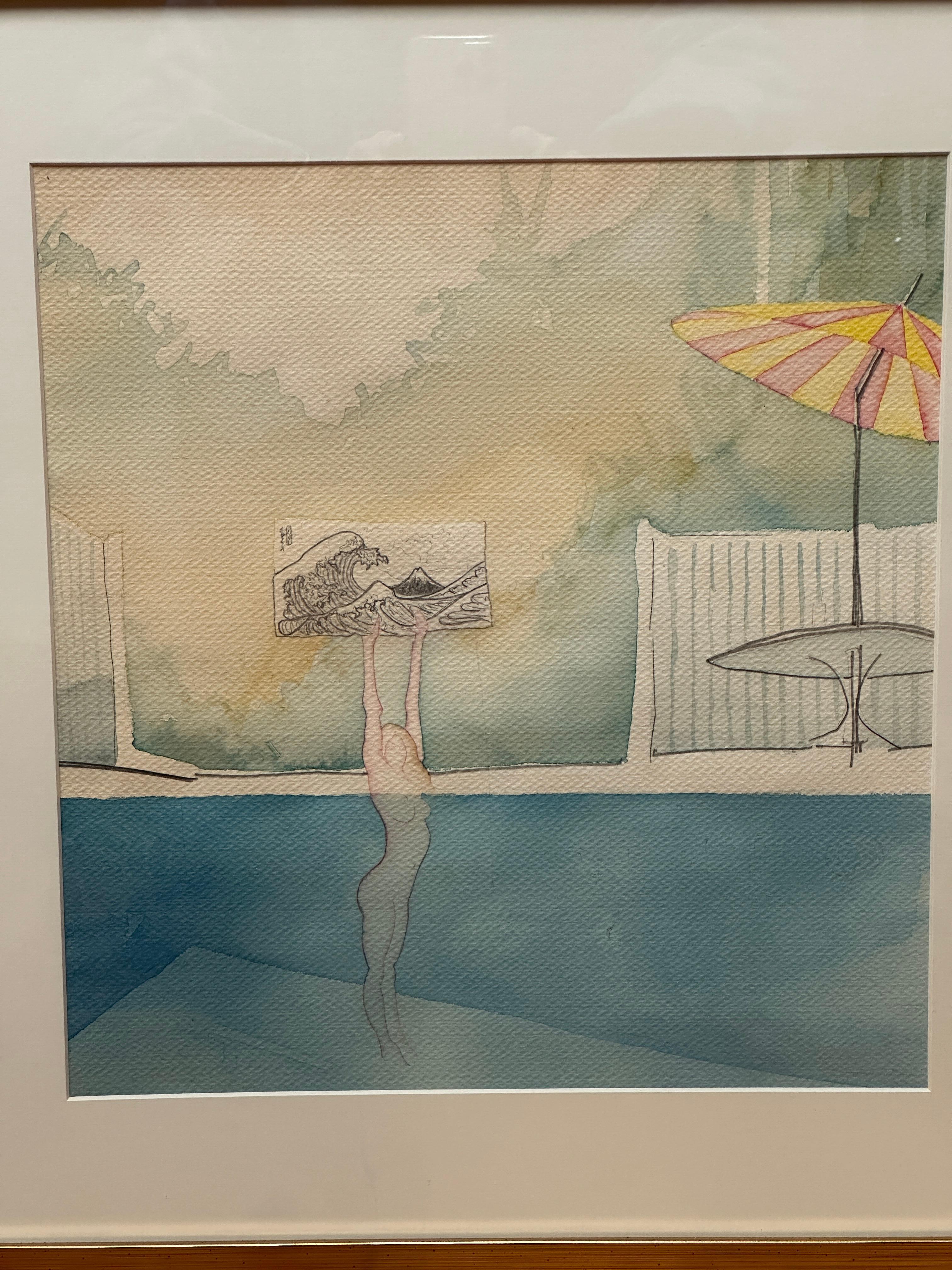 This watercolor presents a surreal and poetic scene where a naked woman emerges from a swimming pool.  She holds aloft a representation of Hokusai's iconic 