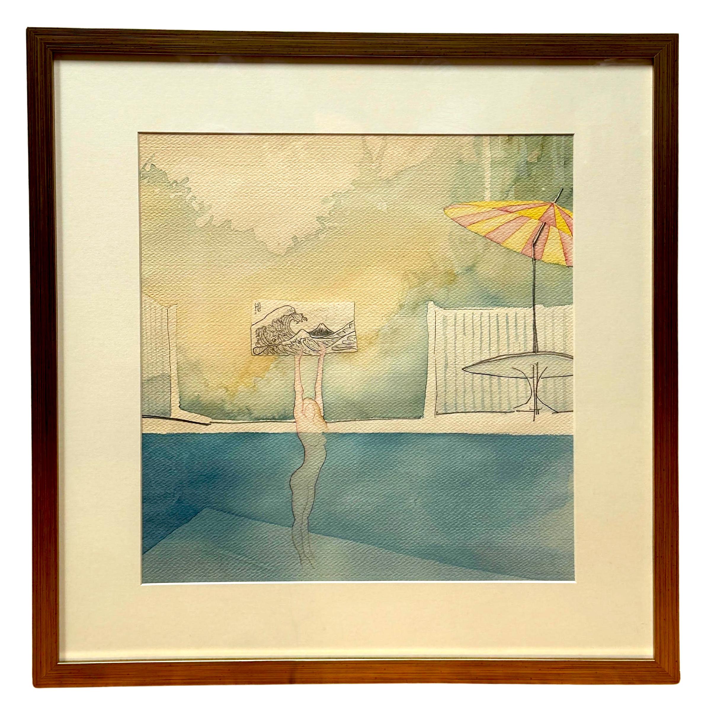 "The Woman and the Ocean", Watercolor featuring the Great Wave off Kanagawa For Sale