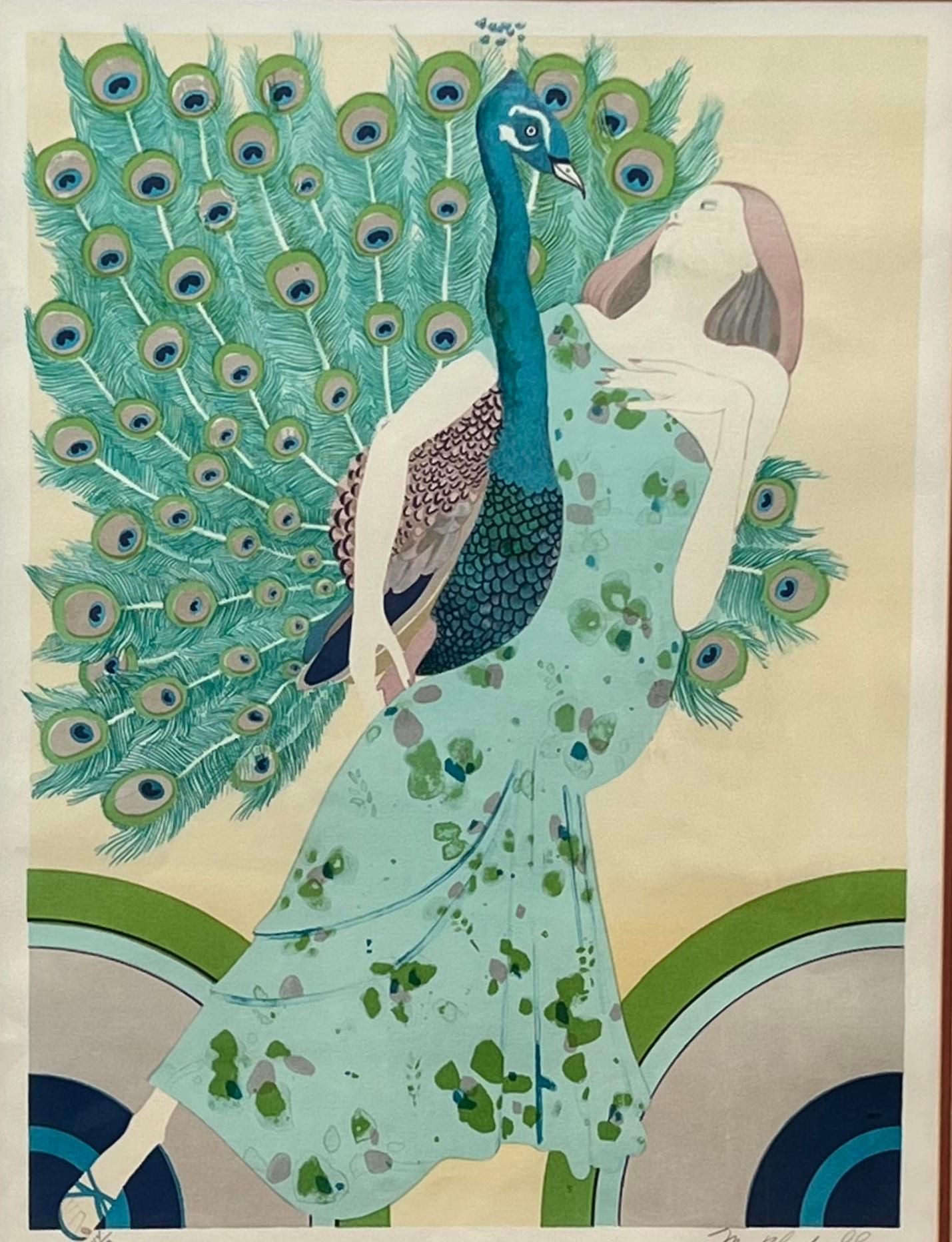 Utilizing the peacock as an emblematic Art Nouveau animal, a favorite of early 20th-century illustrators and designers, Mr. Blackwell, who was born in 1925, delivers a powerfully aesthetic scene between a woman and a peacock in this lithograph,