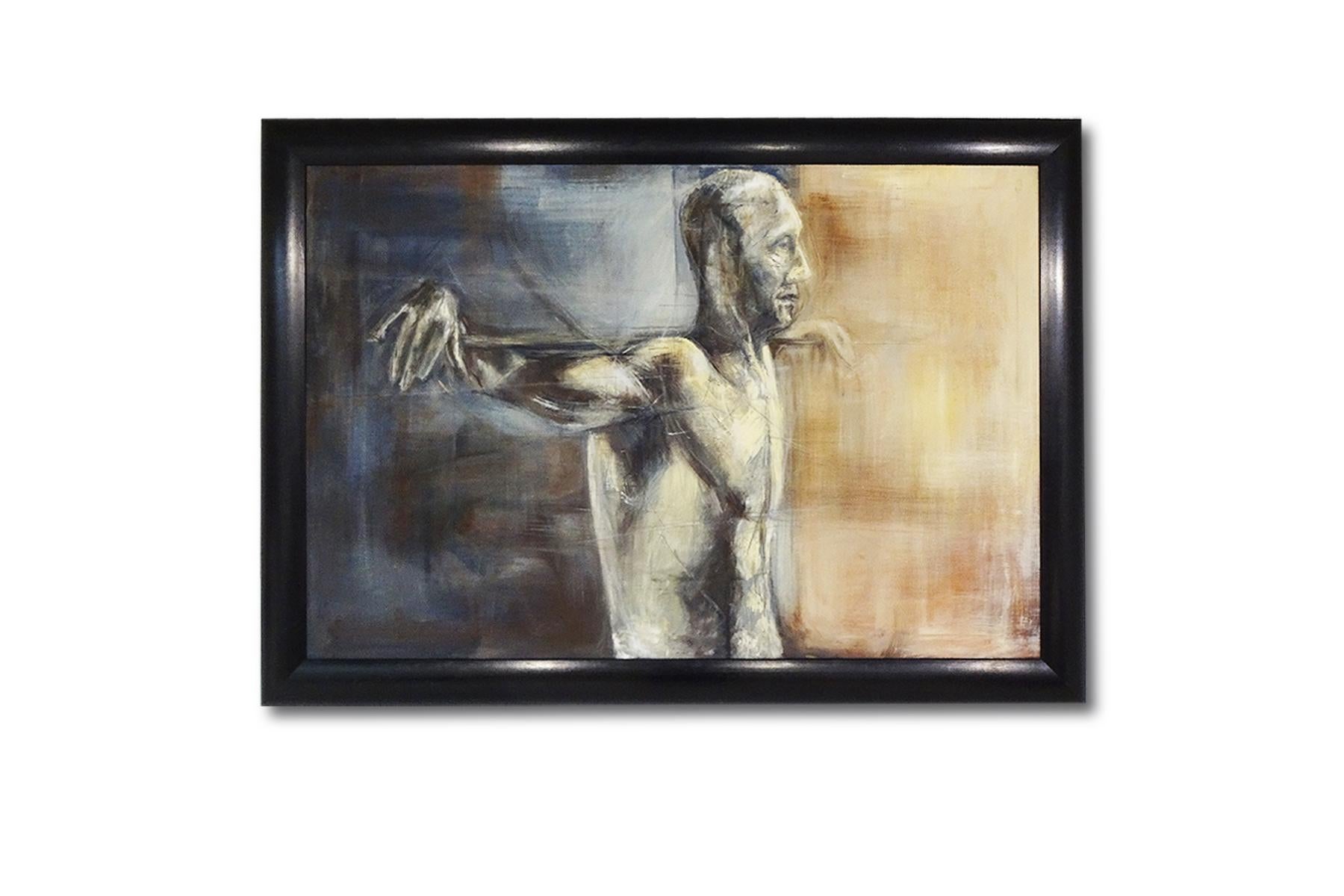 Large original oil painting by unknown artist titled ‘The Worker’ in hues of blue, grey, yellow and coral.

This large and impressive modernist figurative art piece has a surrealist feel that is suggested by the figure and setting. By an unknown