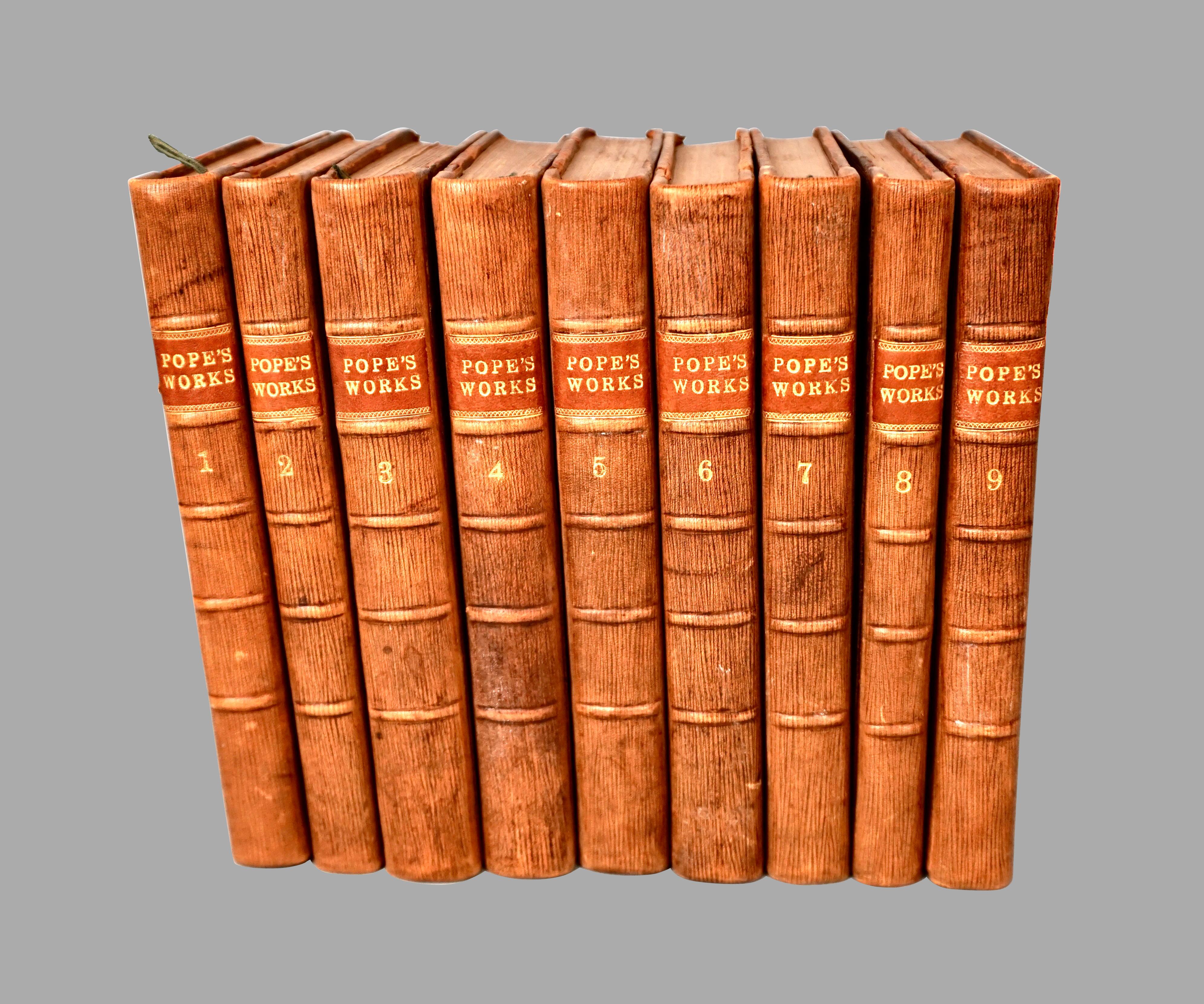 English Works of Alexander Pope Leatherbound in 9 Volumes Published 1757 For Sale