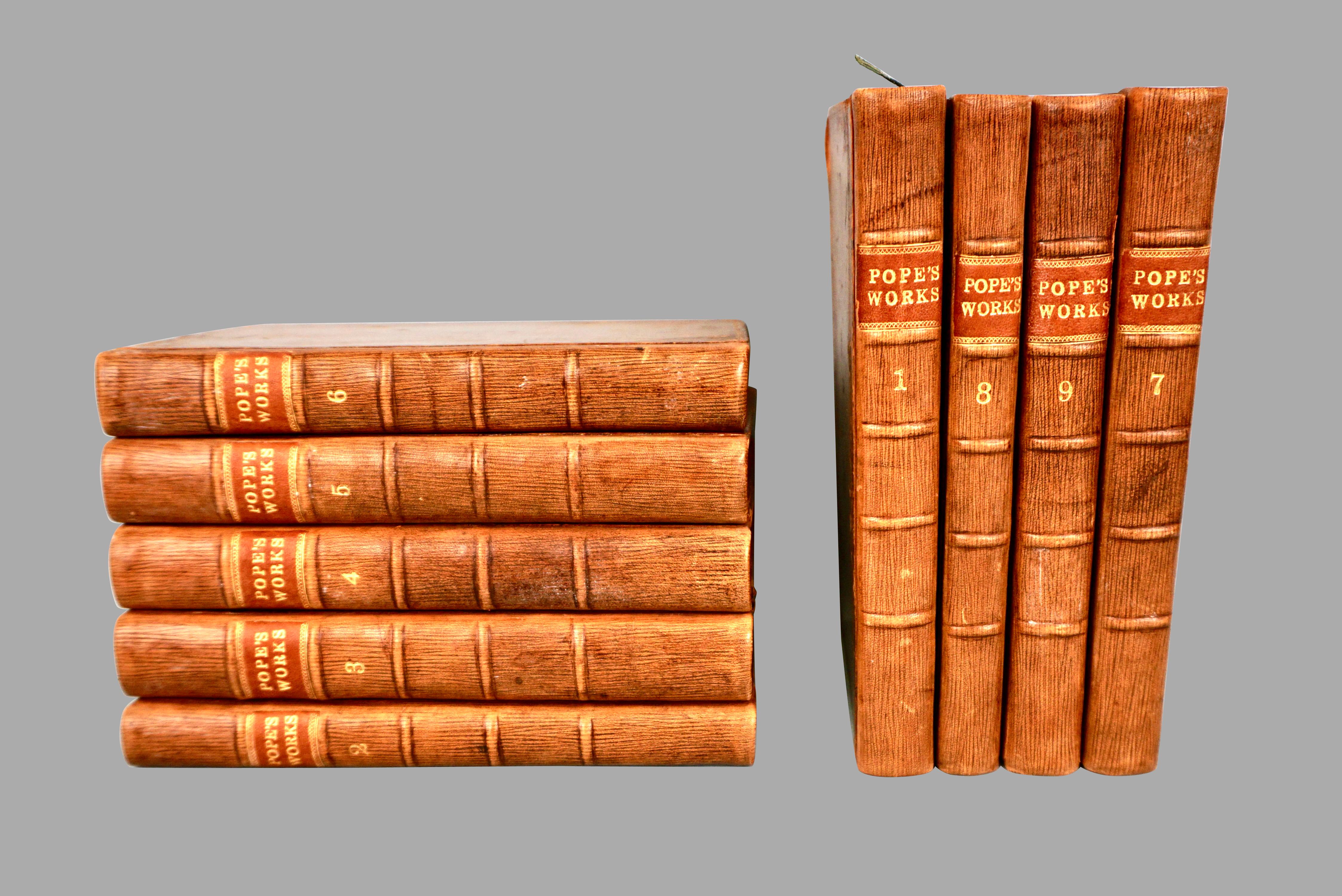 18th Century Works of Alexander Pope Leatherbound in 9 Volumes Published 1757 For Sale